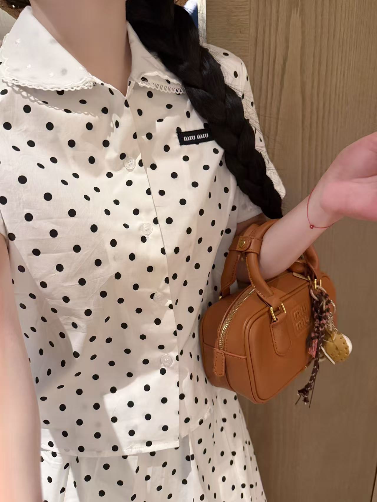 M1UM1U 水玉シャツ＋スカート ツーピースセット【50％割引+送料無料】