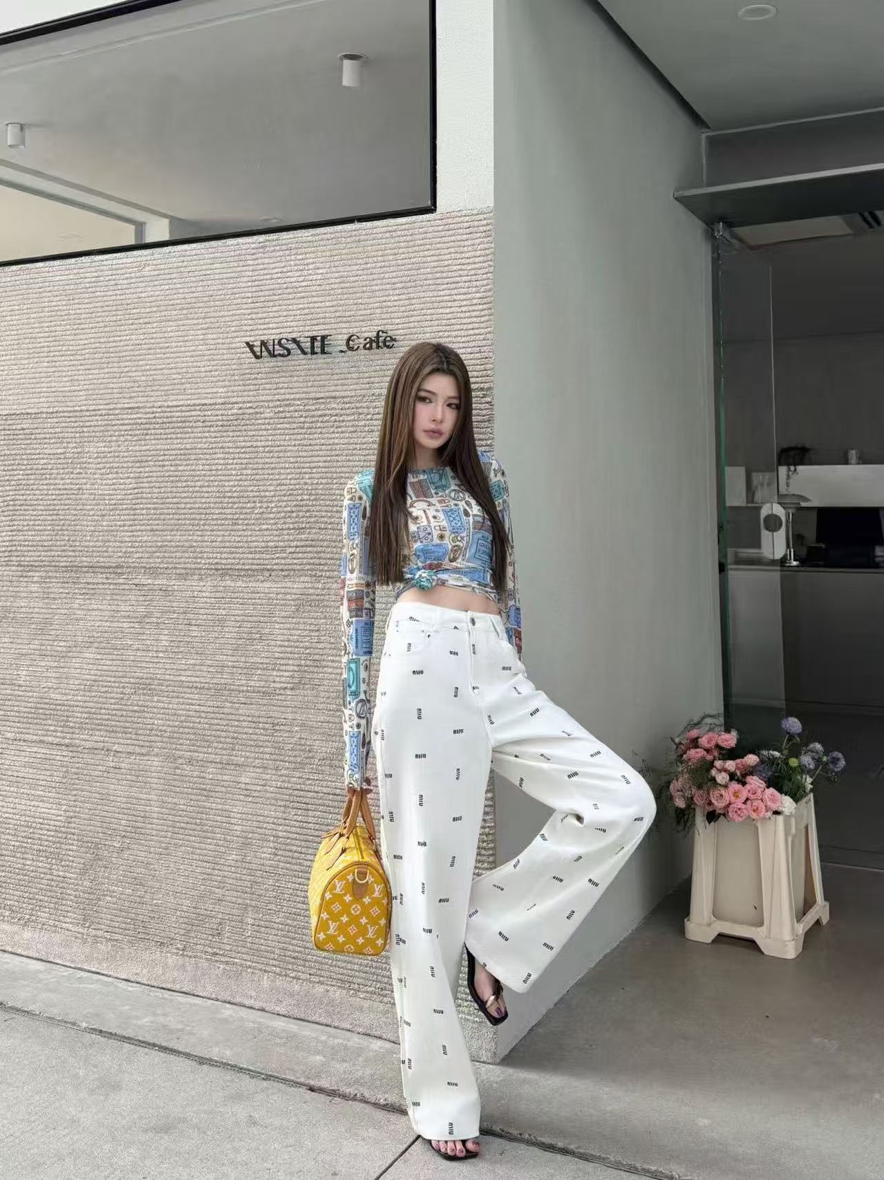 LVプリントメッシュトップスとパンツのツーピースセット【50％割引+送料無料】