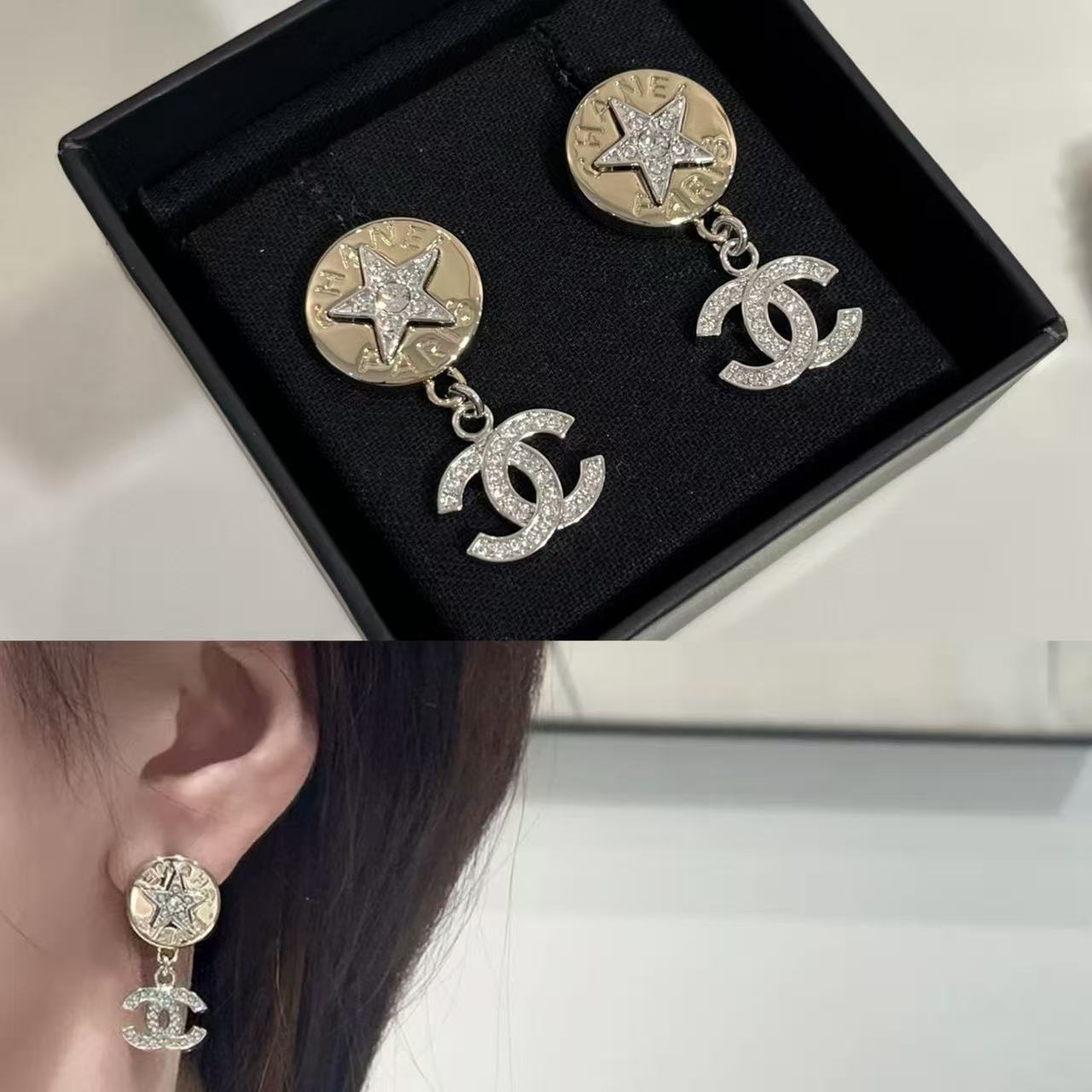 CHANE1 ダブルC ダイヤモンド ファイブポインテッドスター イヤリング【50％割引+送料無料】