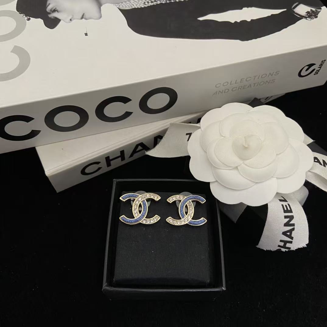 CHANE1 ブルー ダブルC ダイヤモンド スタッドピアス【50％割引+送料無料】