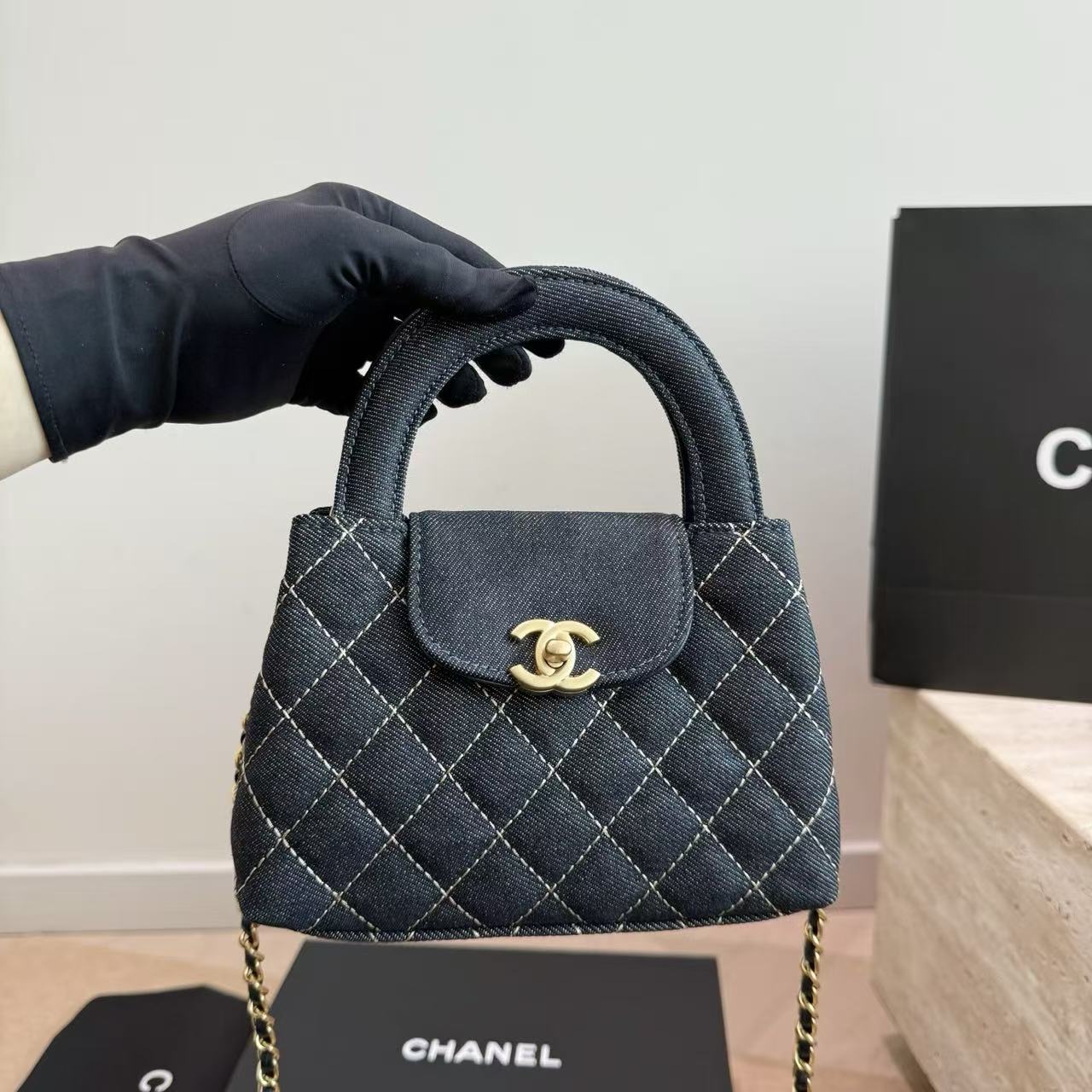 CHANE1 チェック柄デニムチェーンハンドバッグ【50％割引+送料無料】