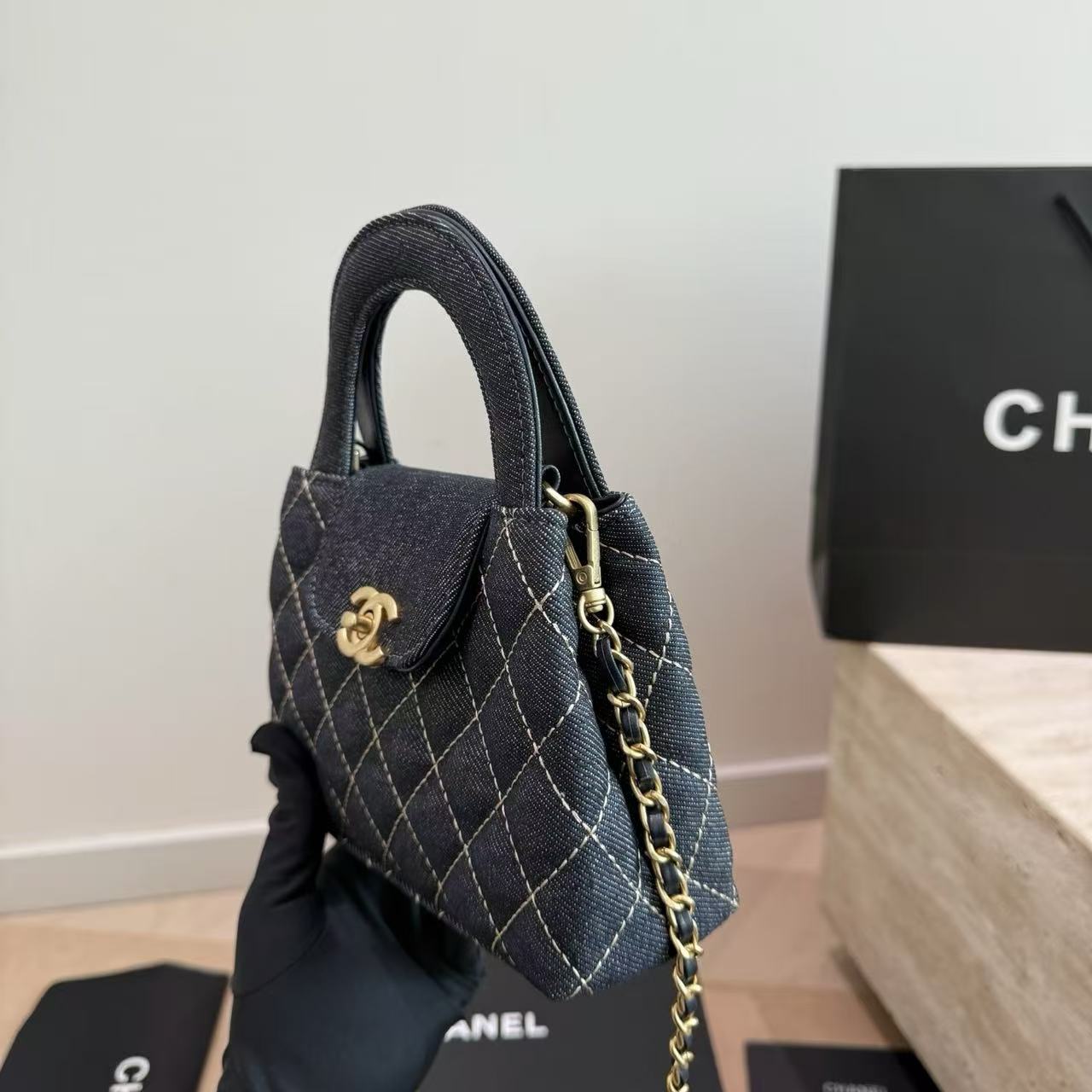 CHANE1 チェック柄デニムチェーンハンドバッグ【50％割引+送料無料】