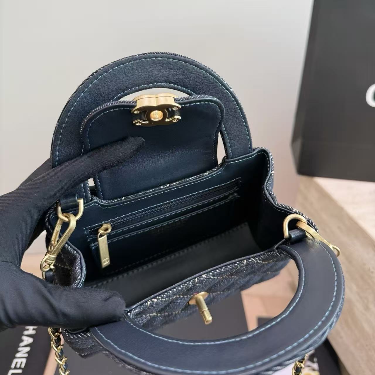 CHANE1 チェック柄デニムチェーンハンドバッグ【50％割引+送料無料】