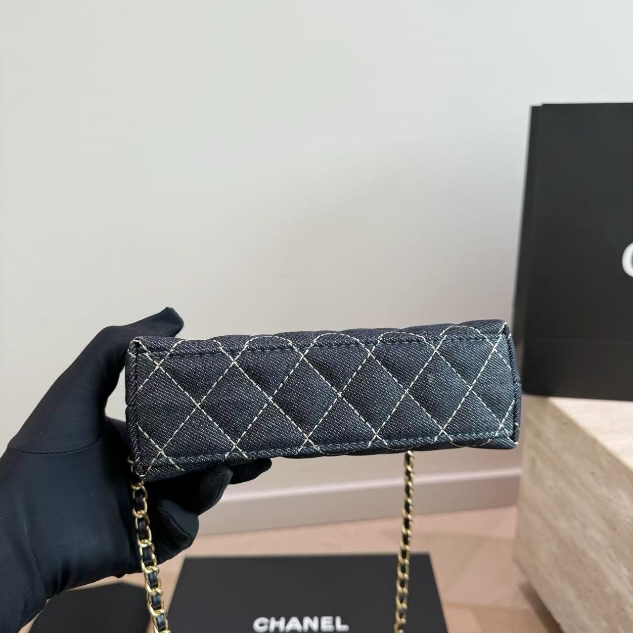 CHANE1 チェック柄デニムチェーンハンドバッグ【50％割引+送料無料】