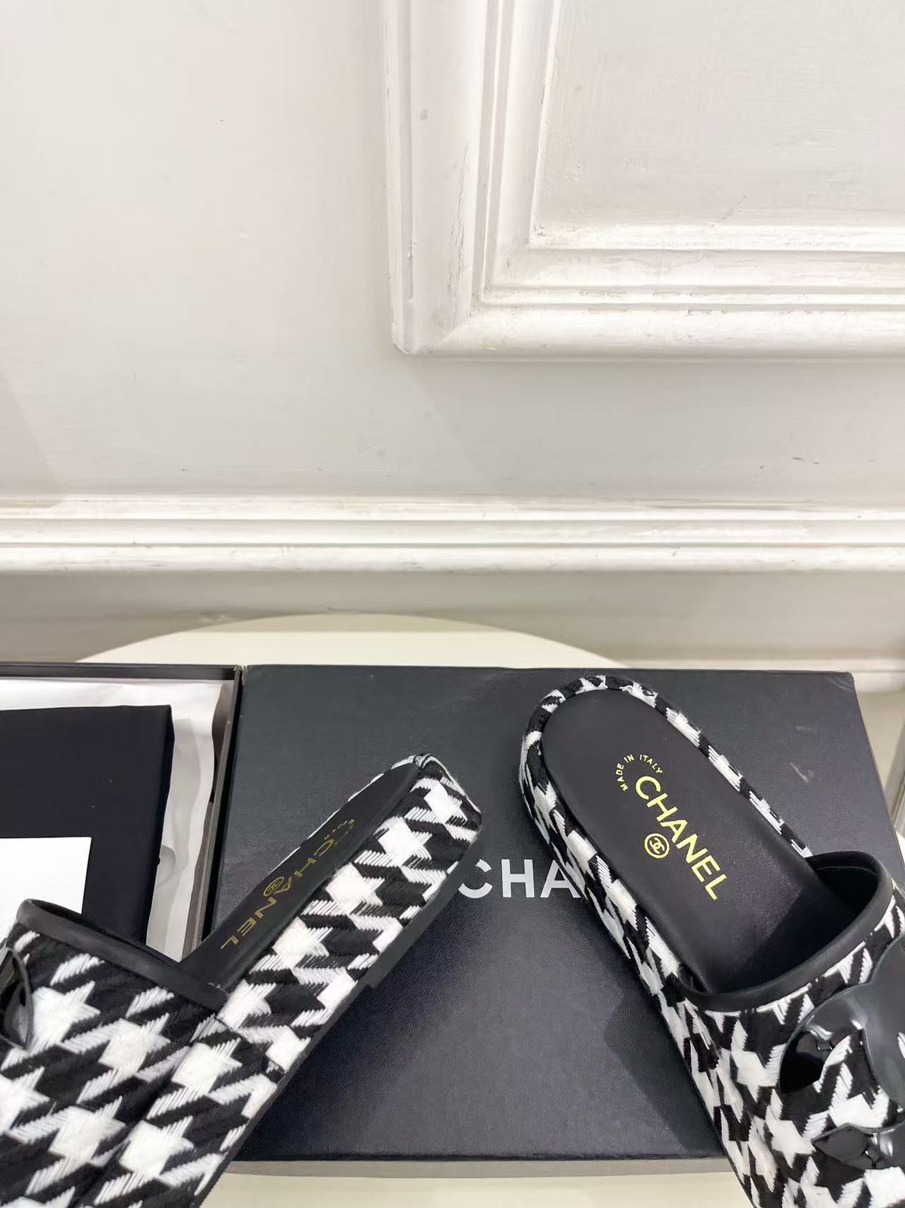 CHANE1 高品質ダブルC千鳥格子プラットフォームスリッパ【50％割引+送料無料】