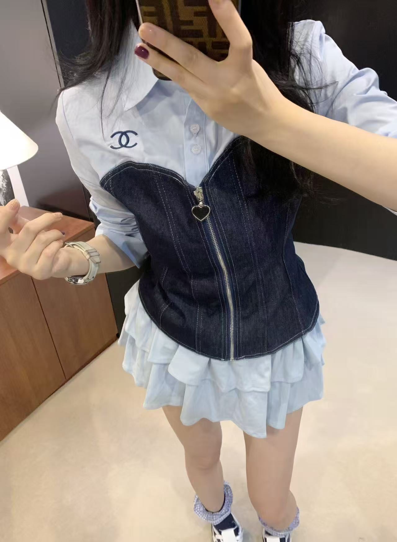 CHANE1 パッチワークデニムシャツ【50％割引+送料無料】