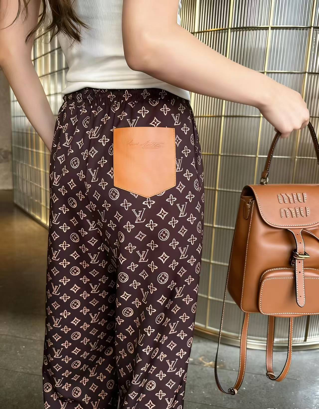 LVプリント入りゴムウエストカジュアルパンツ【50％割引+送料無料】