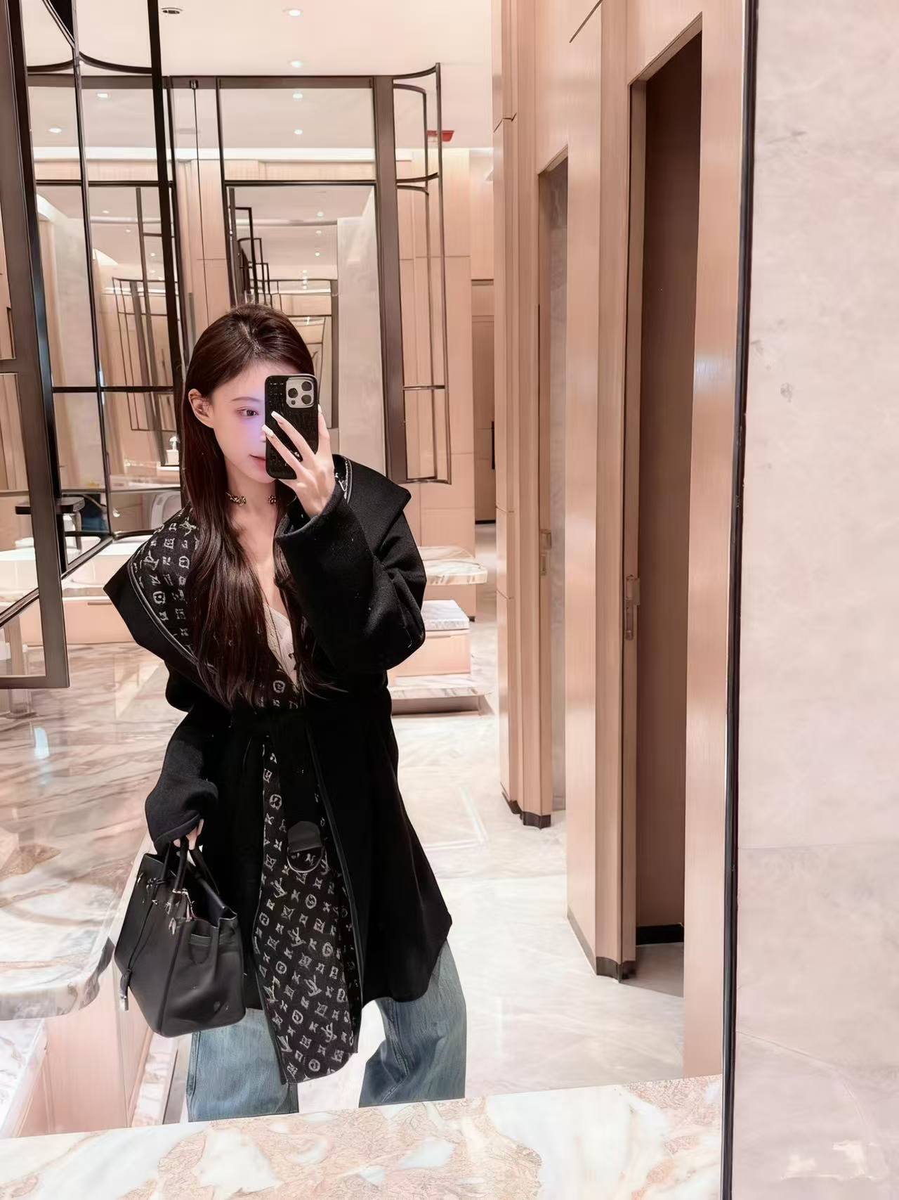 LV フード付きプリントウールロングコート【50％割引+送料無料】