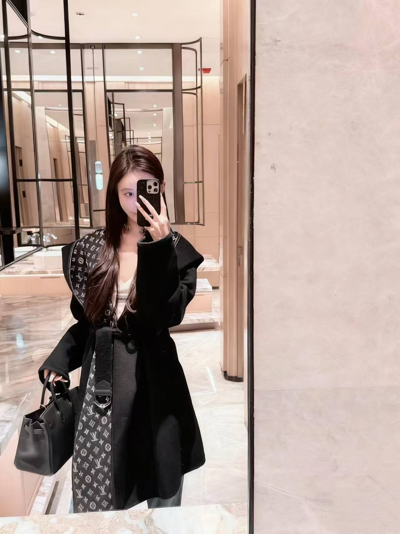 LV フード付きプリントウールロングコート【50％割引+送料無料】