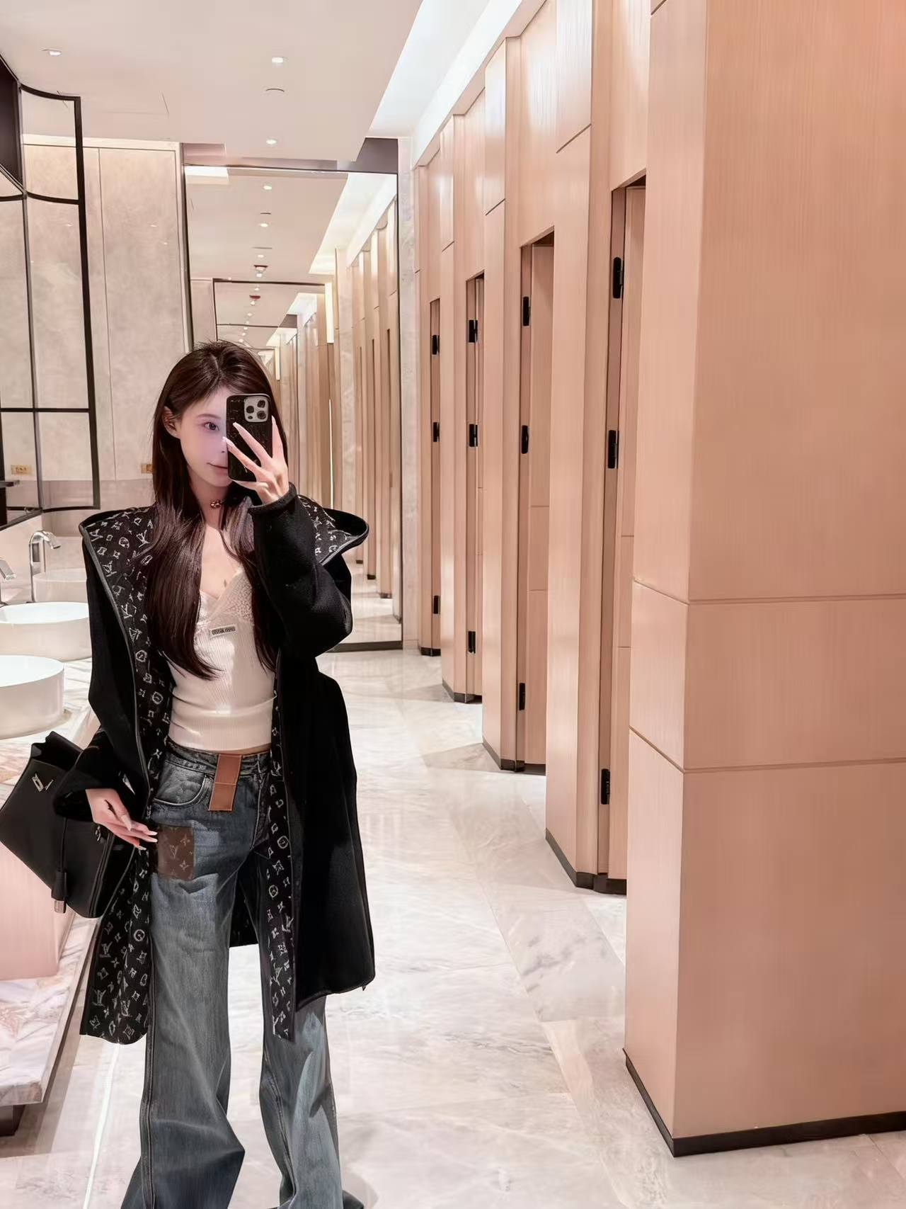 LV フード付きプリントウールロングコート【50％割引+送料無料】