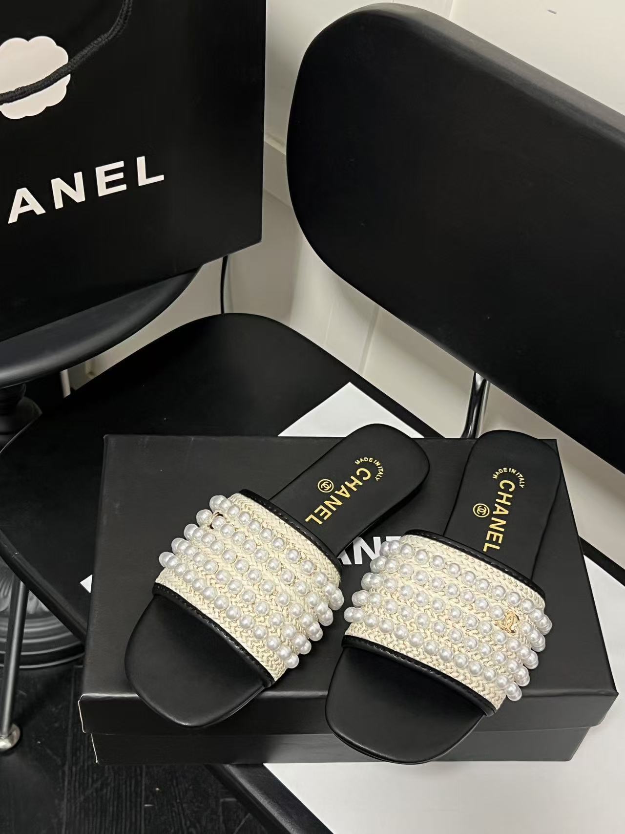 CHANE1 パールフラットシューズ【50％割引+送料無料】