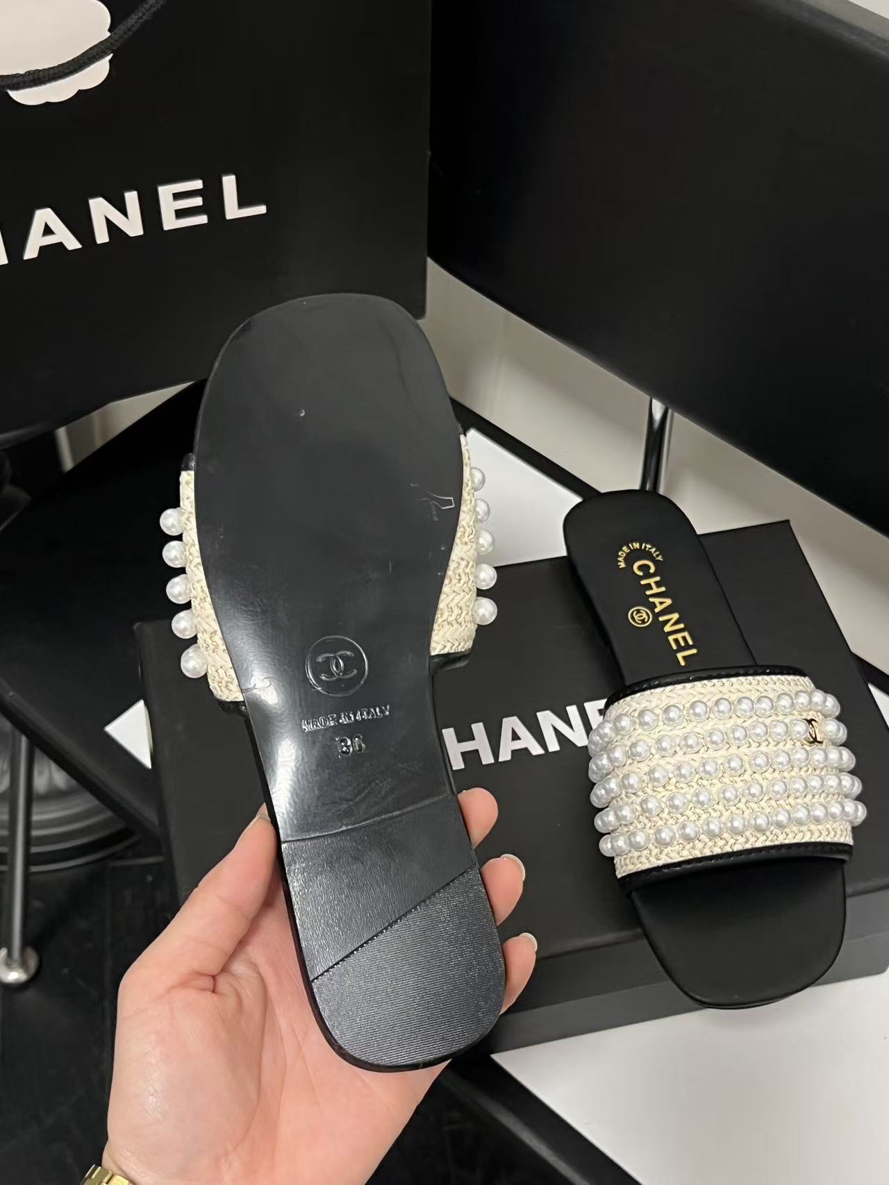 CHANE1 パールフラットシューズ【50％割引+送料無料】