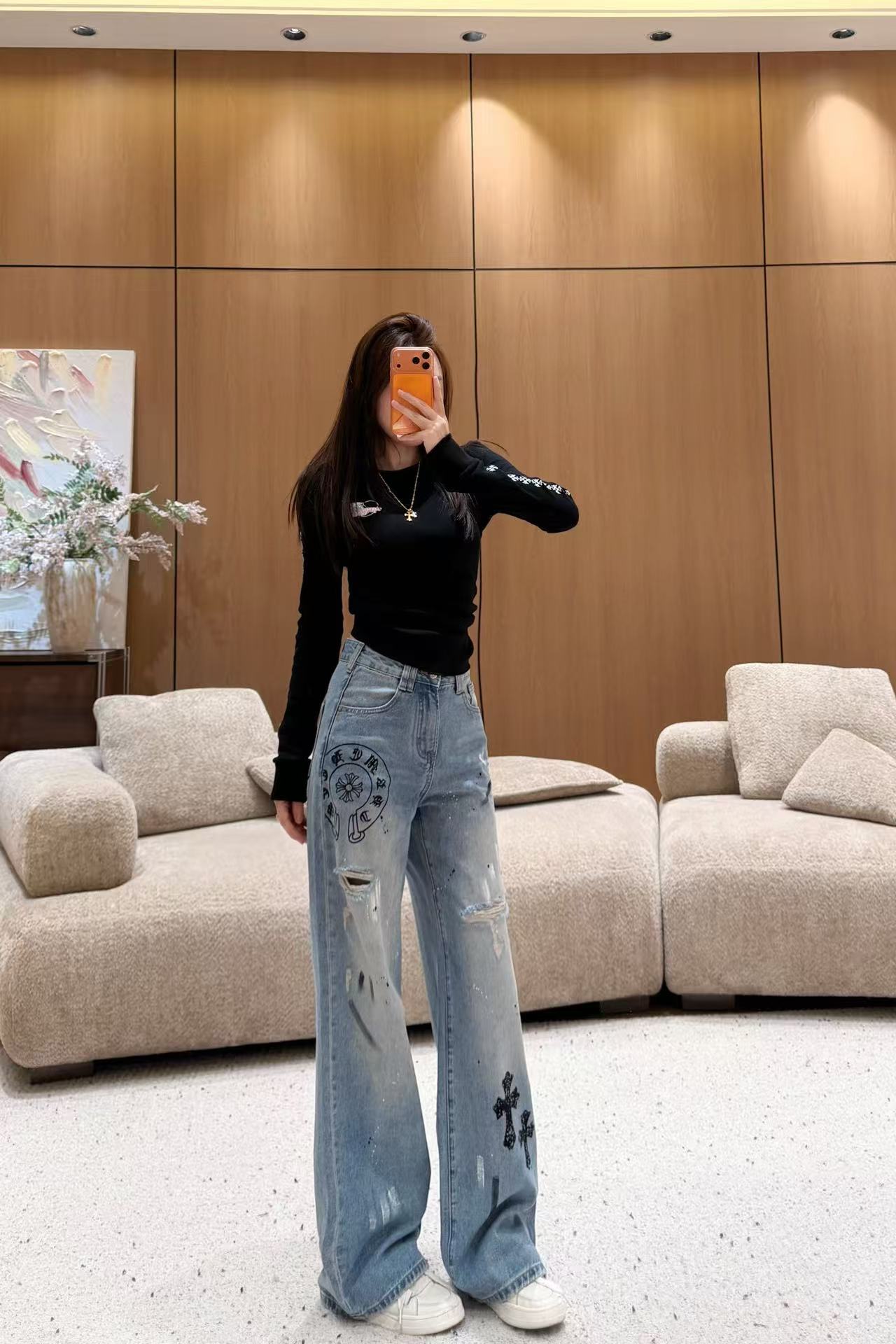 Chr0me Heartsグラフィティプリント・ストレートジーンズ【50％割引+送料無料】