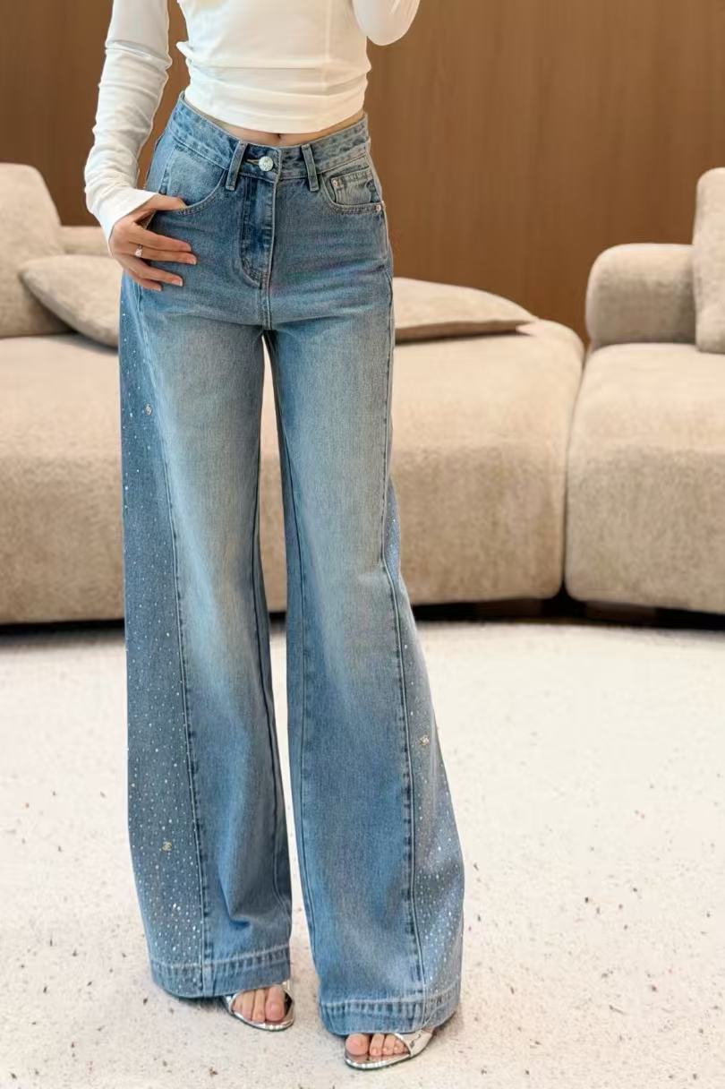 CHANE1 ラインストーン付きストレートレッグジーンズ【50％割引+送料無料】