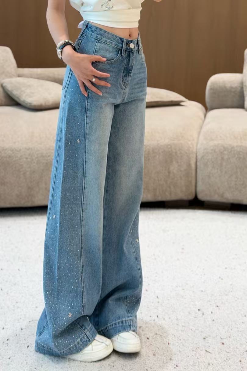 CHANE1 ラインストーン付きストレートレッグジーンズ【50％割引+送料無料】