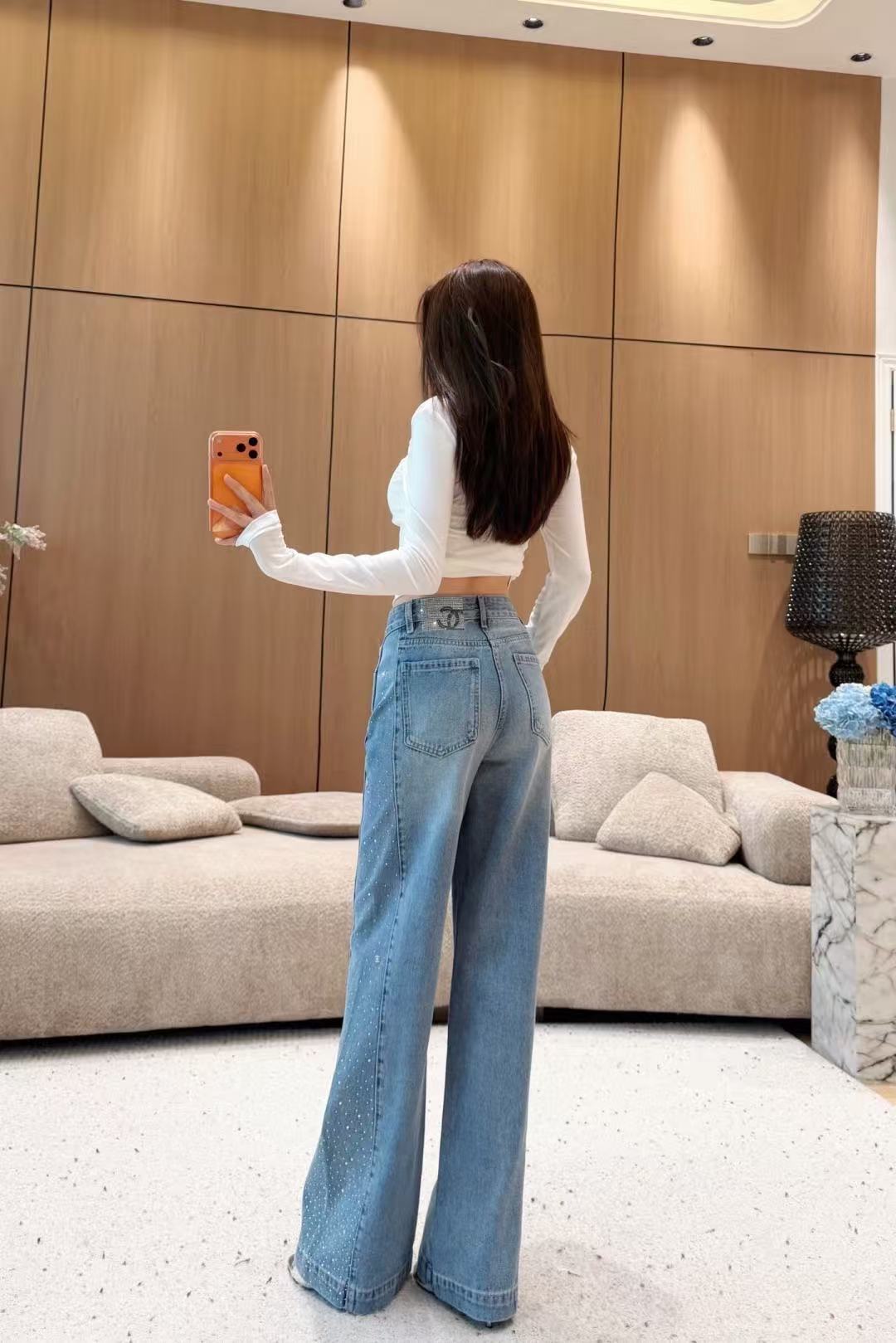 CHANE1 ラインストーン付きストレートレッグジーンズ【50％割引+送料無料】