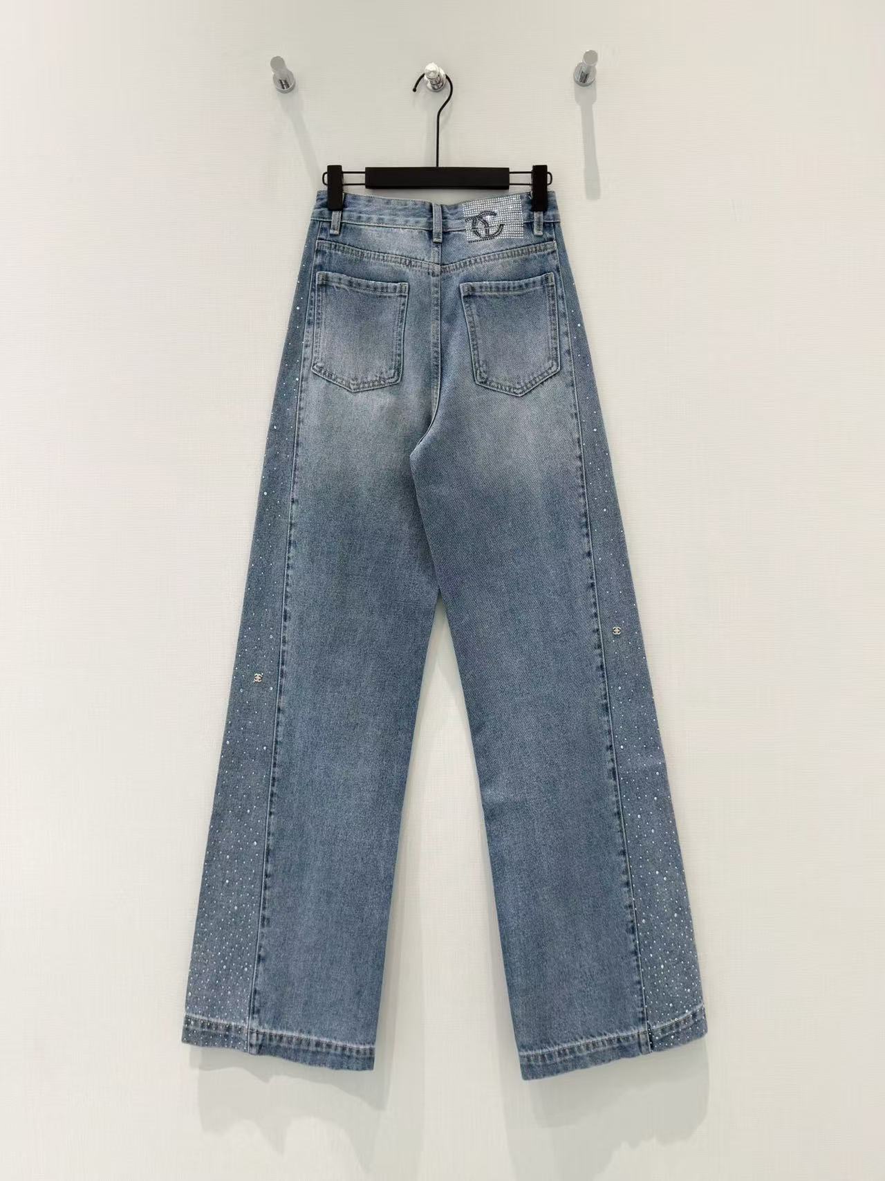 CHANE1 ラインストーン付きストレートレッグジーンズ【50％割引+送料無料】