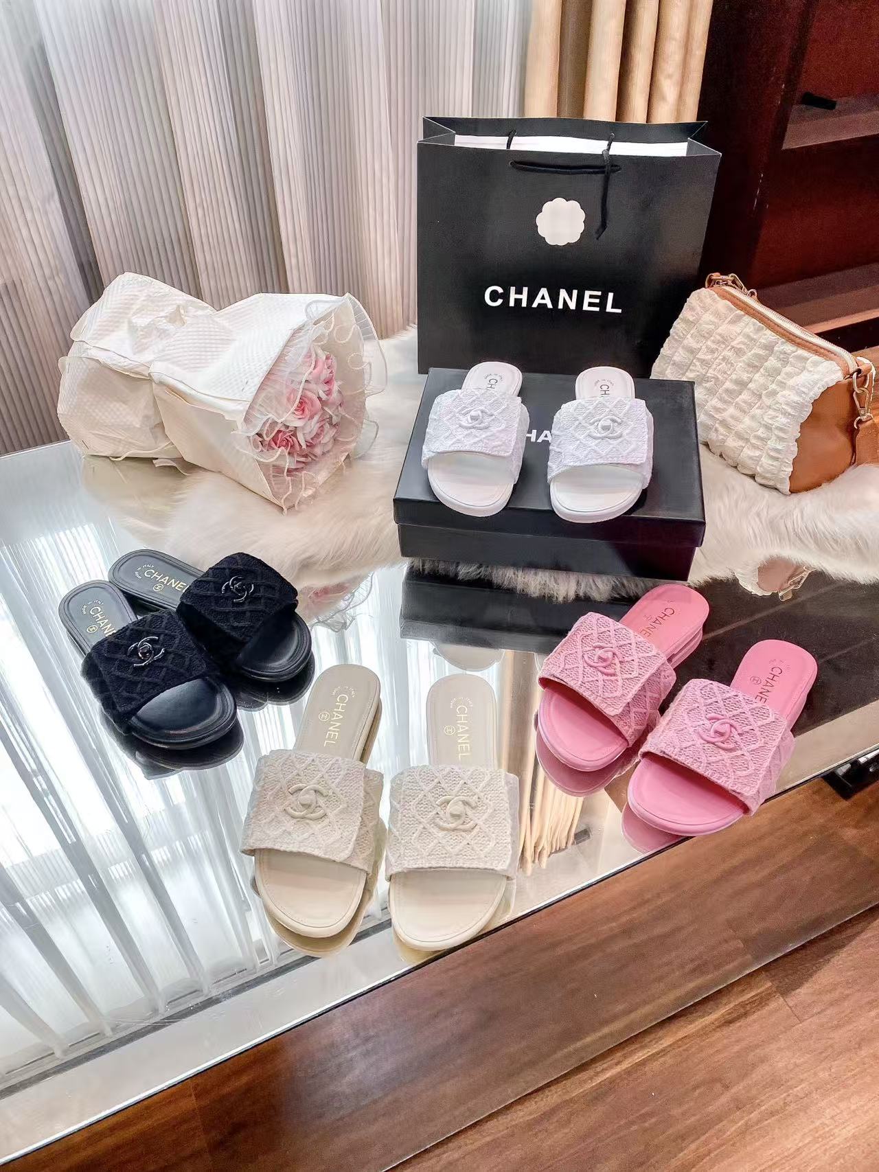 CHANE1 ダブルCチェック柄スリッパ【50％割引+送料無料】