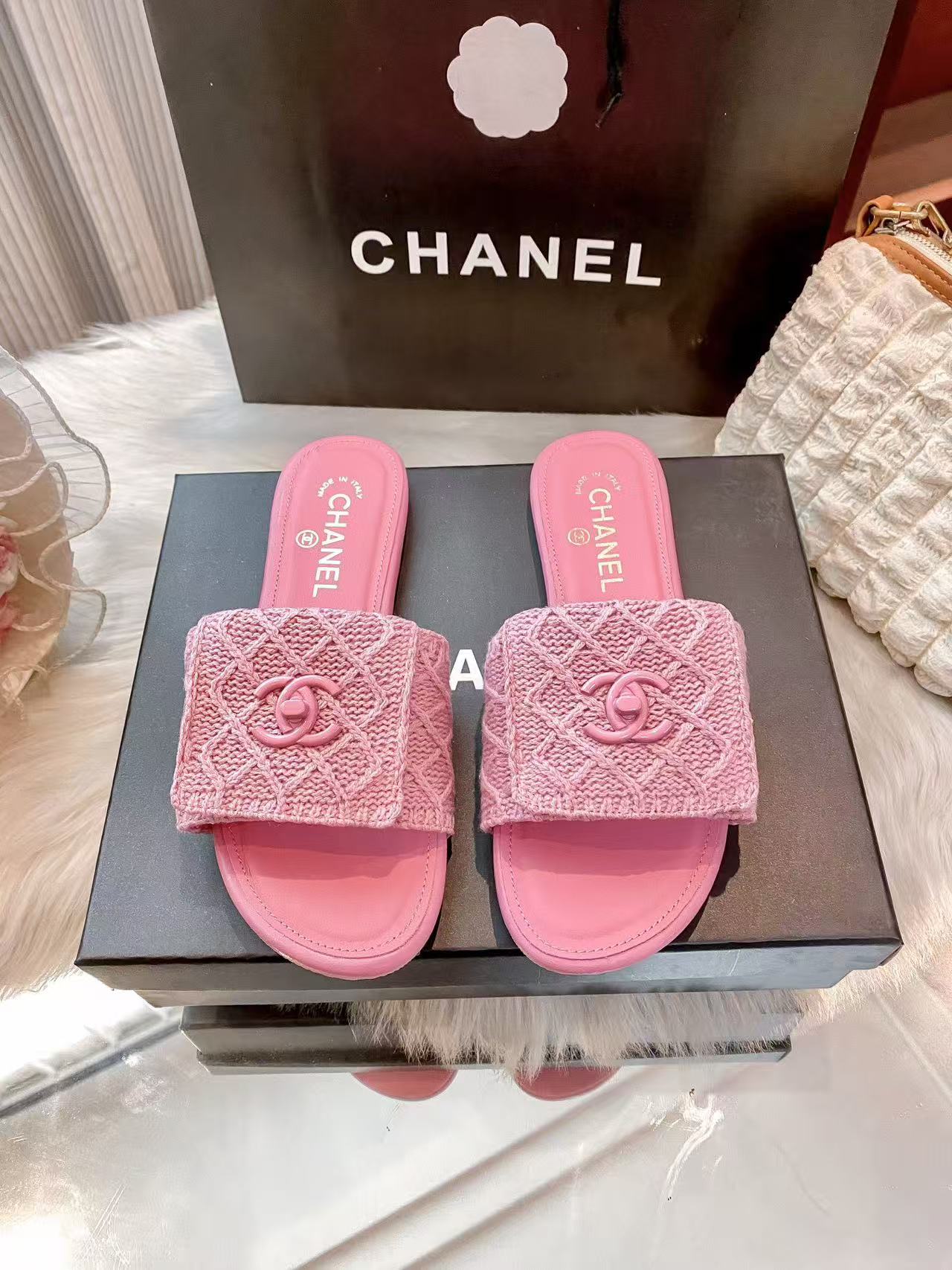 CHANE1 ダブルCチェック柄スリッパ【50％割引+送料無料】