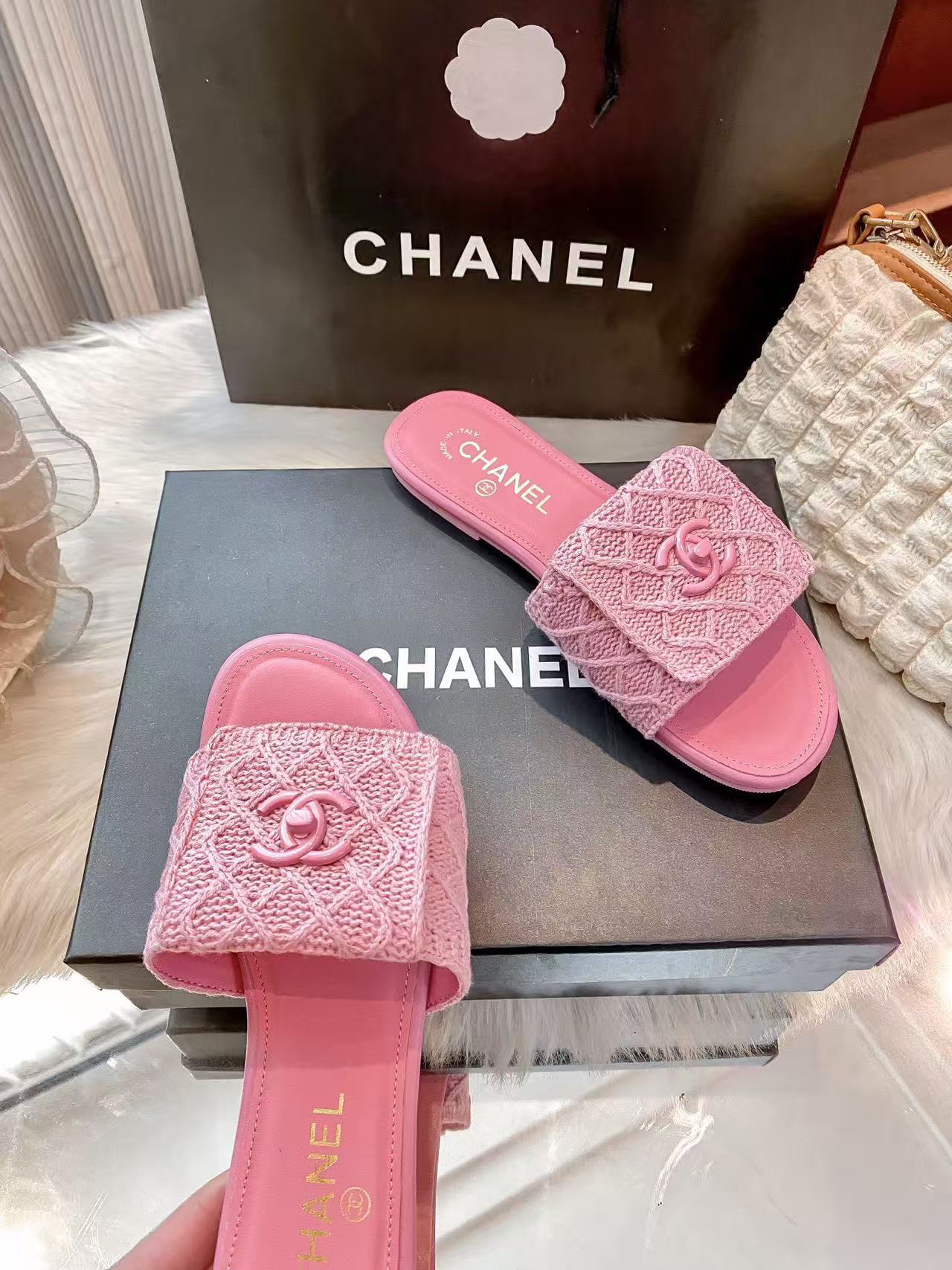 CHANE1 ダブルCチェック柄スリッパ【50％割引+送料無料】