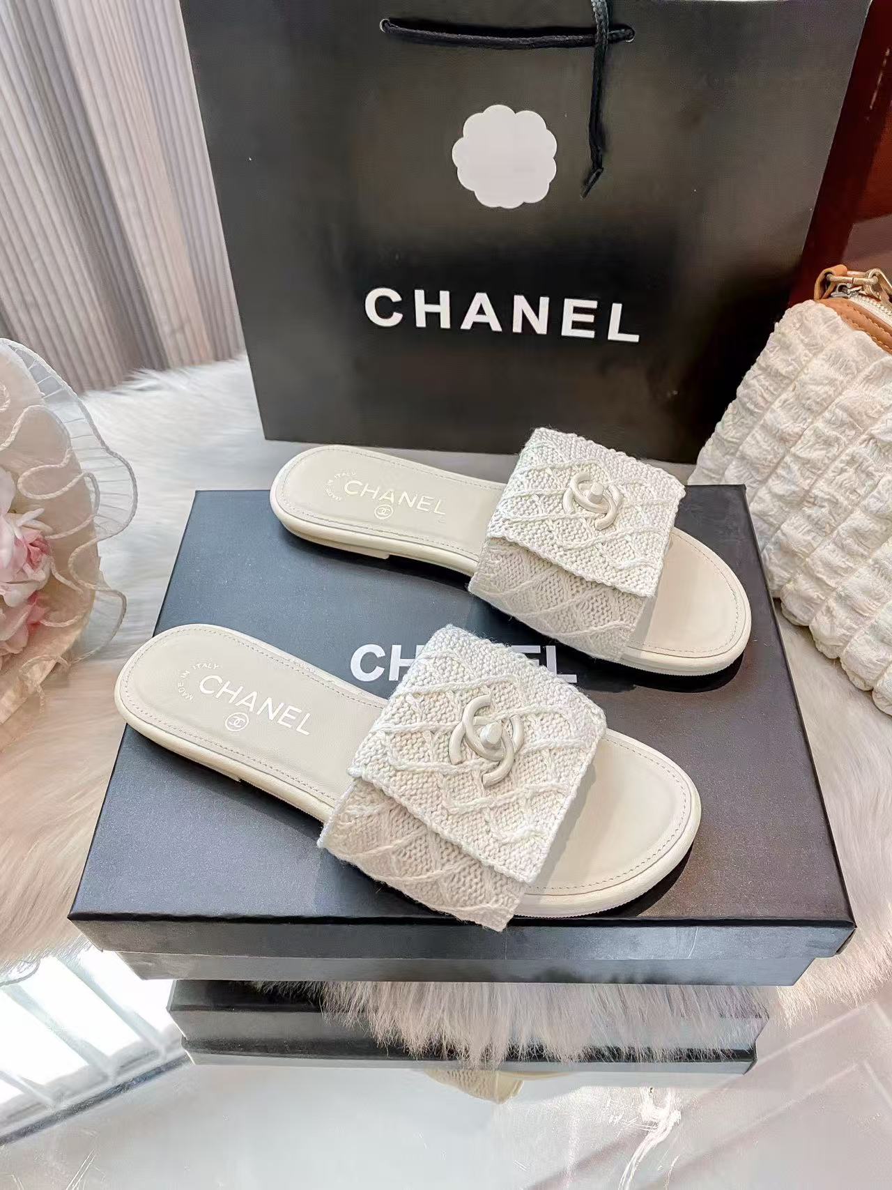 CHANE1 ダブルCチェック柄スリッパ【50％割引+送料無料】