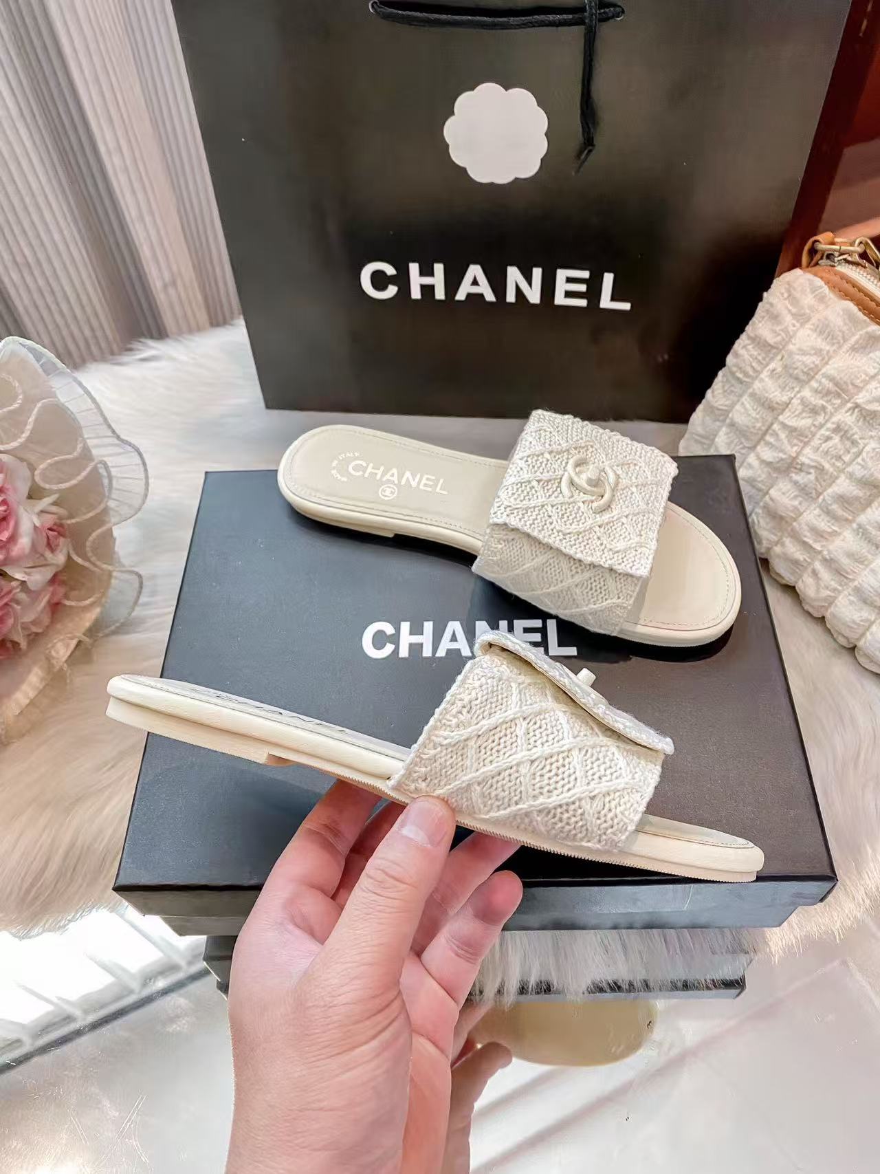 CHANE1 ダブルCチェック柄スリッパ【50％割引+送料無料】