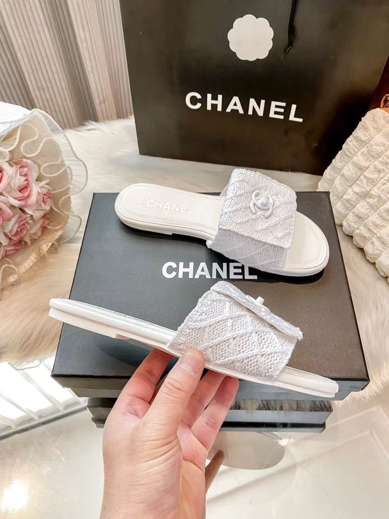 CHANE1 ダブルCチェック柄スリッパ【50％割引+送料無料】