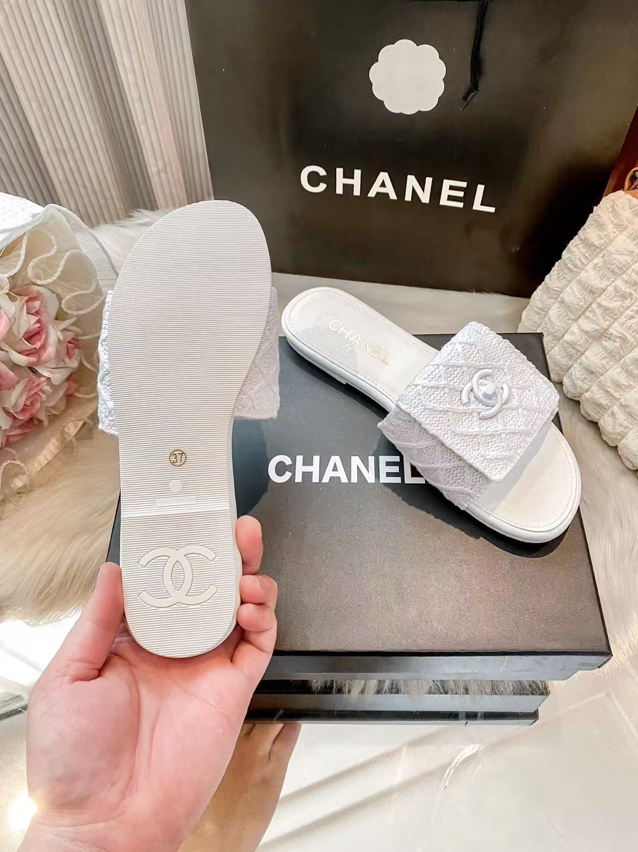 CHANE1 ダブルCチェック柄スリッパ【50％割引+送料無料】