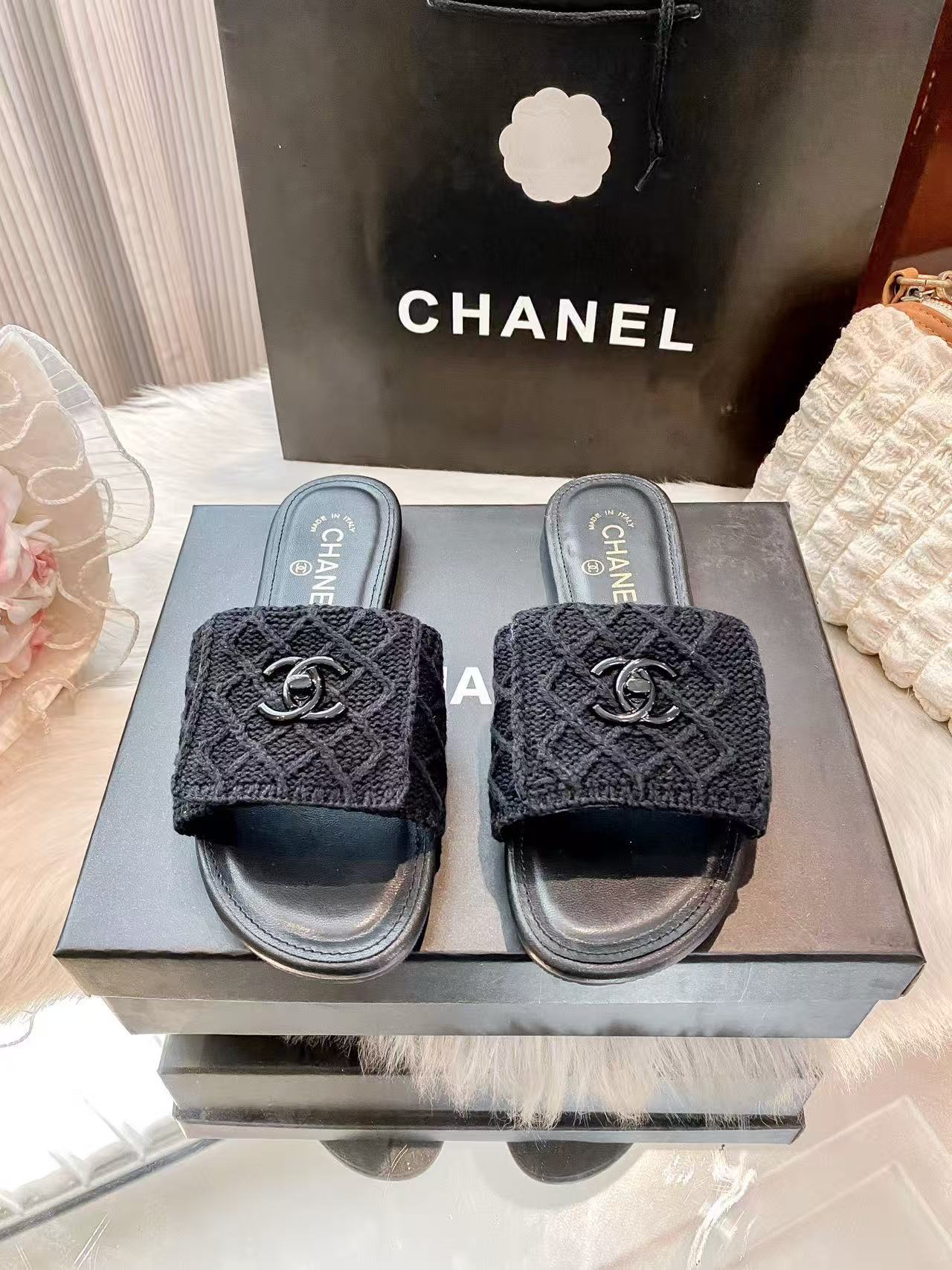 CHANE1 ダブルCチェック柄スリッパ【50％割引+送料無料】