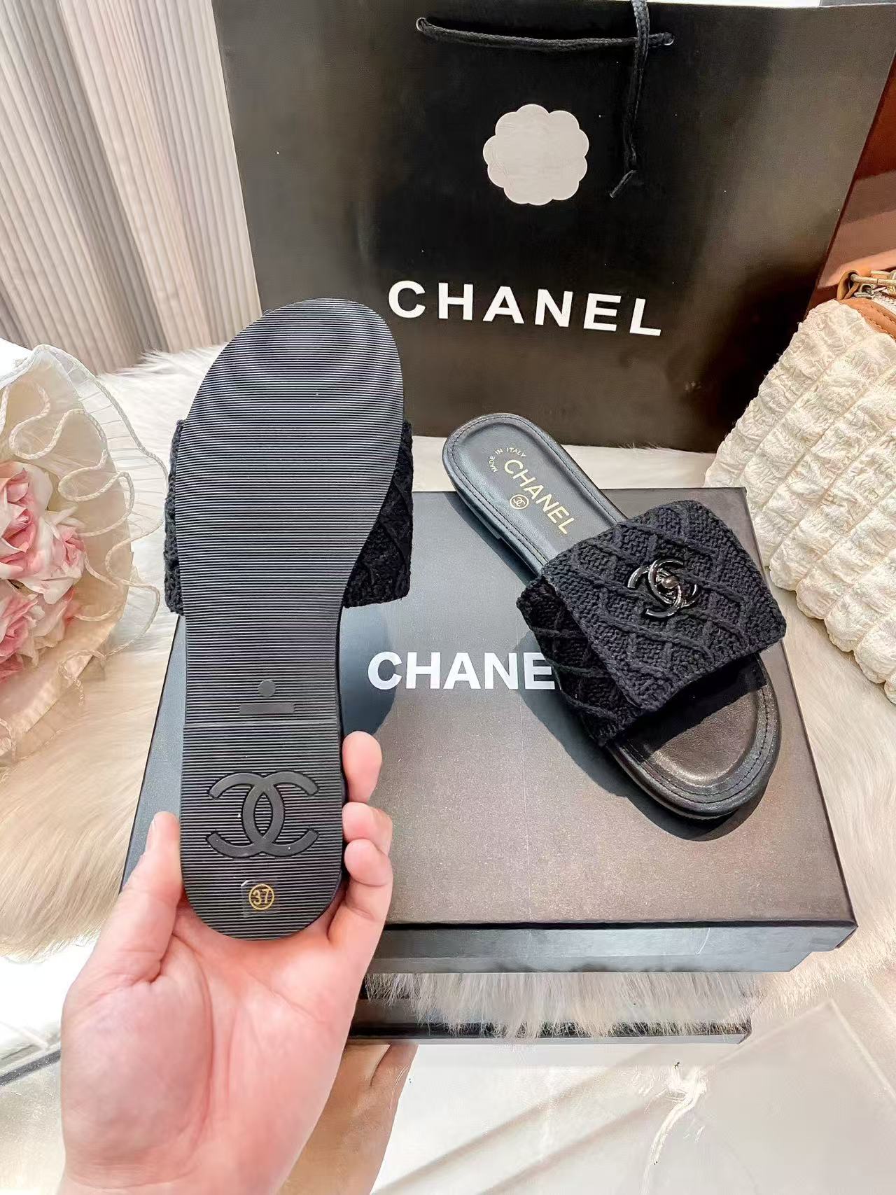 CHANE1 ダブルCチェック柄スリッパ【50％割引+送料無料】