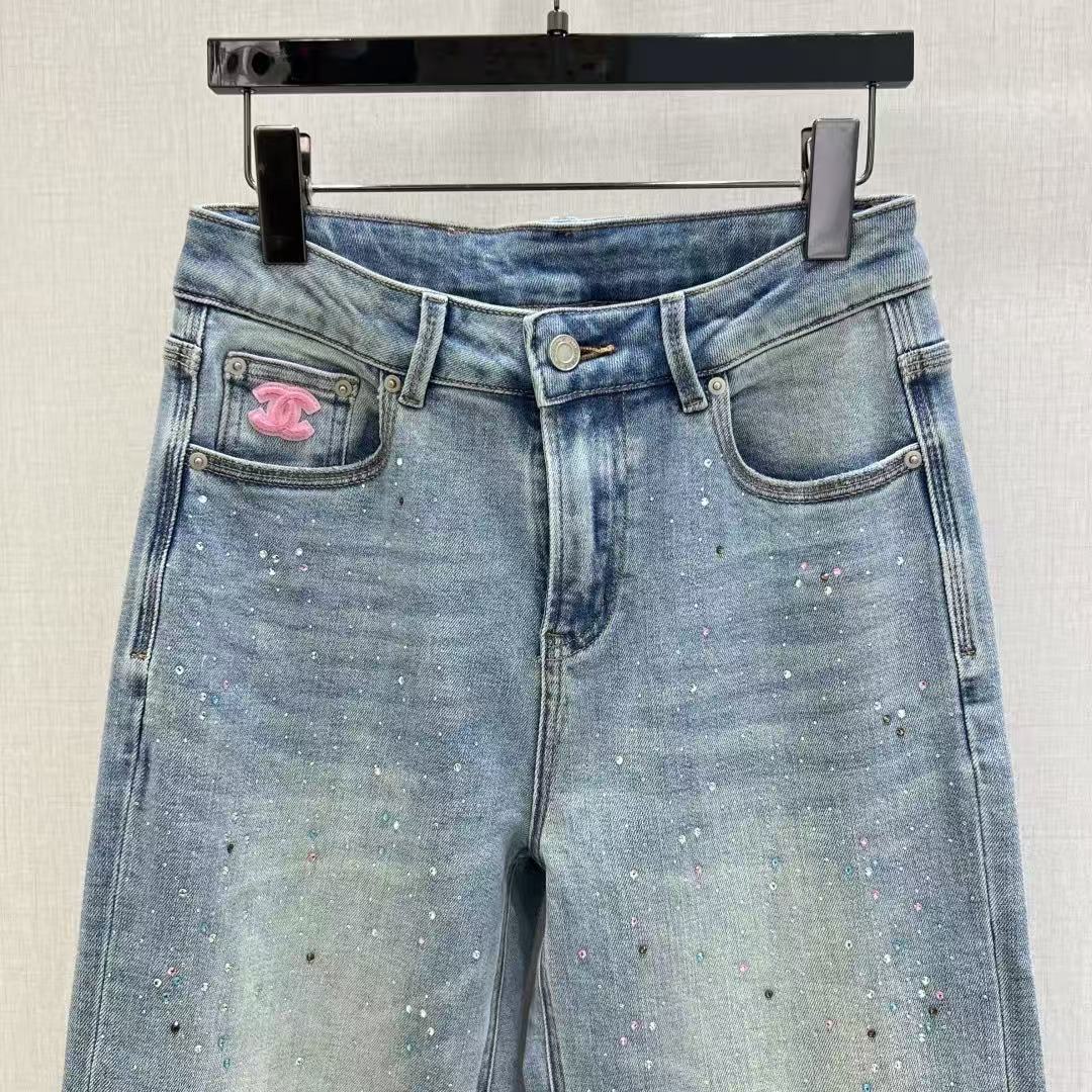 CHANE1 ダブルC ラインストーンジーンズ【50％割引+送料無料】