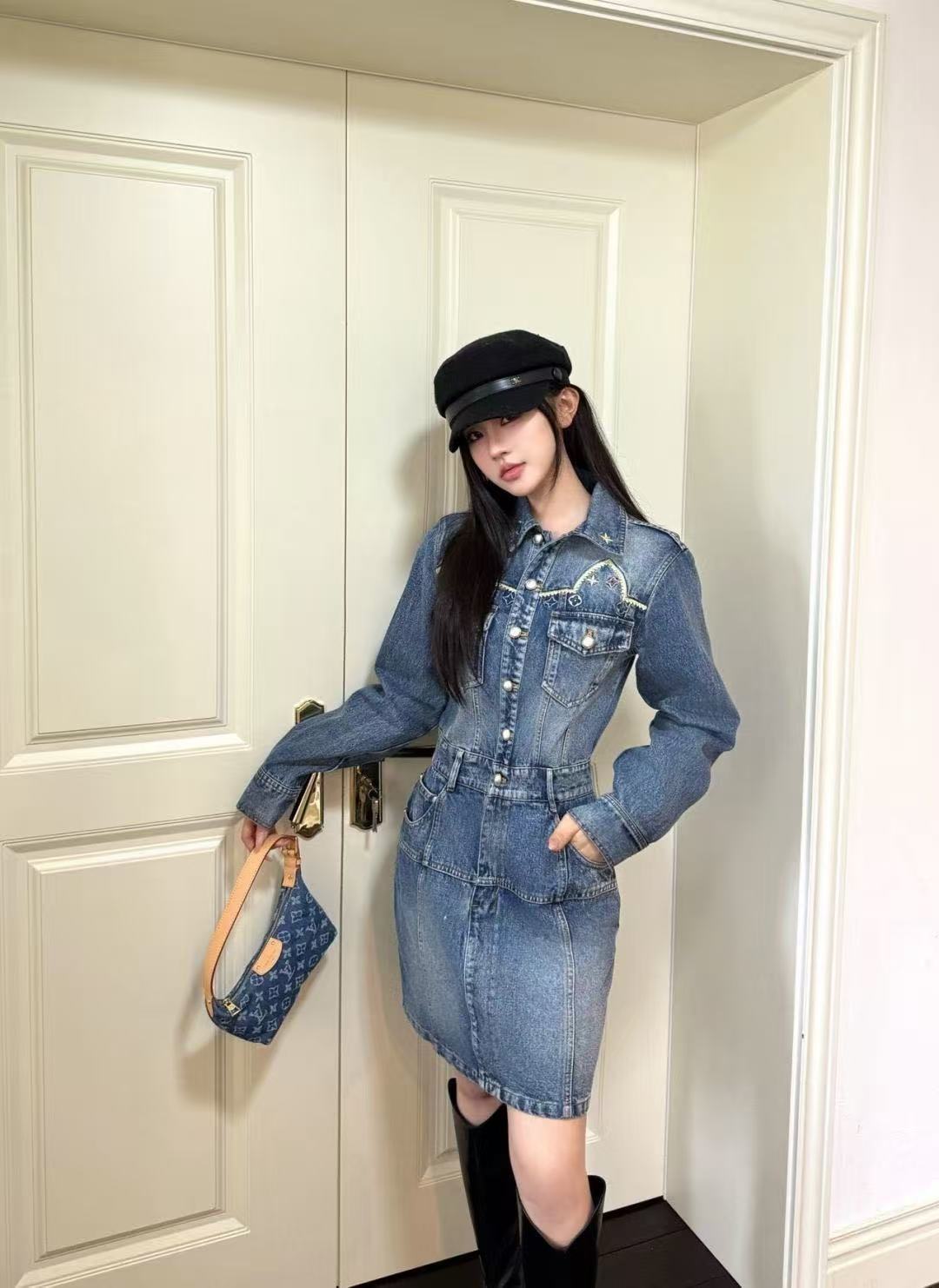 LV 花柄刺繍ポケット デニムワンピース【50％割引+送料無料】