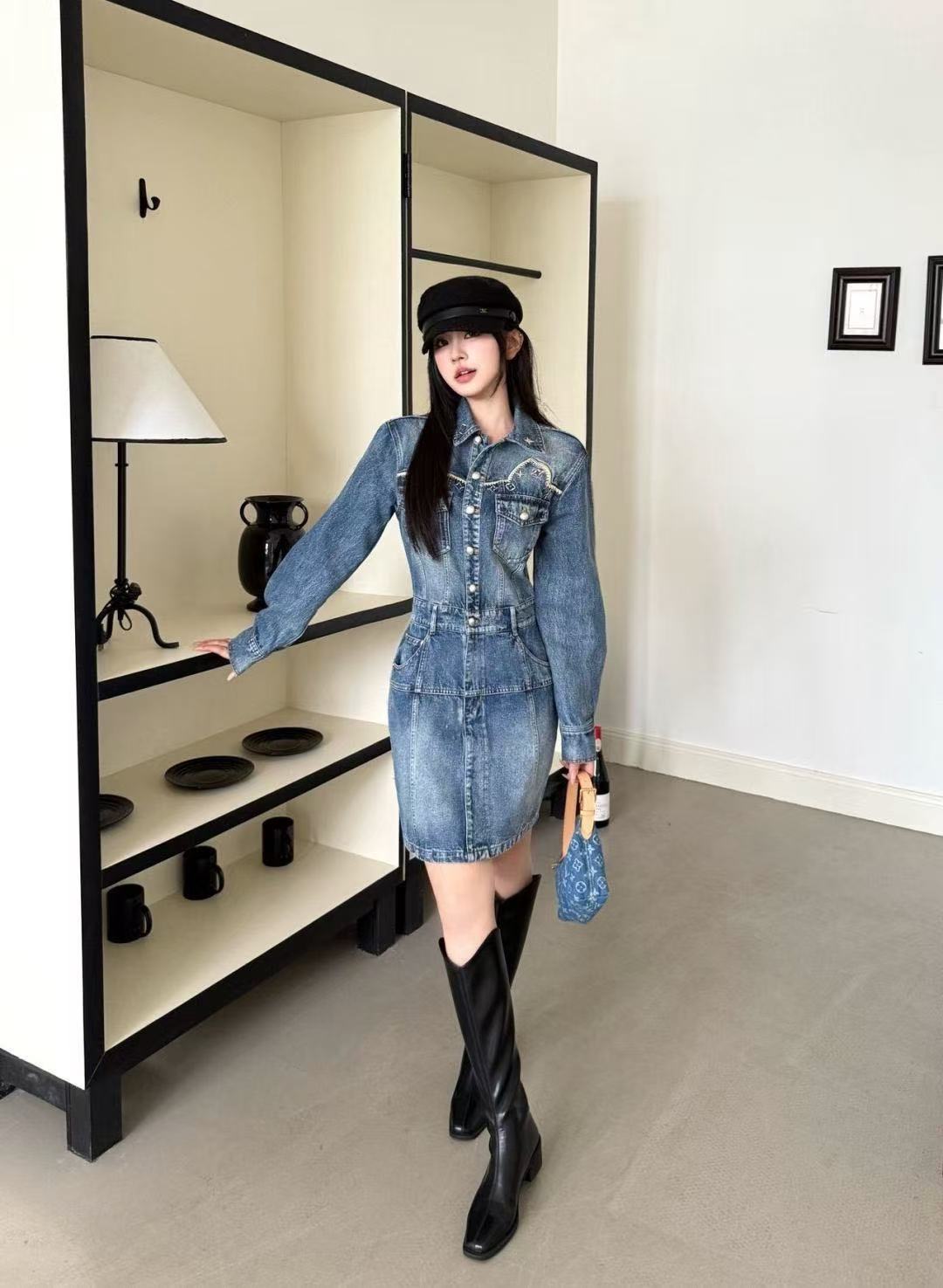 LV 花柄刺繍ポケット デニムワンピース【50％割引+送料無料】