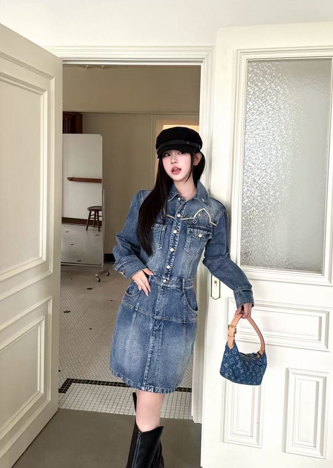 LV 花柄刺繍ポケット デニムワンピース【50％割引+送料無料】