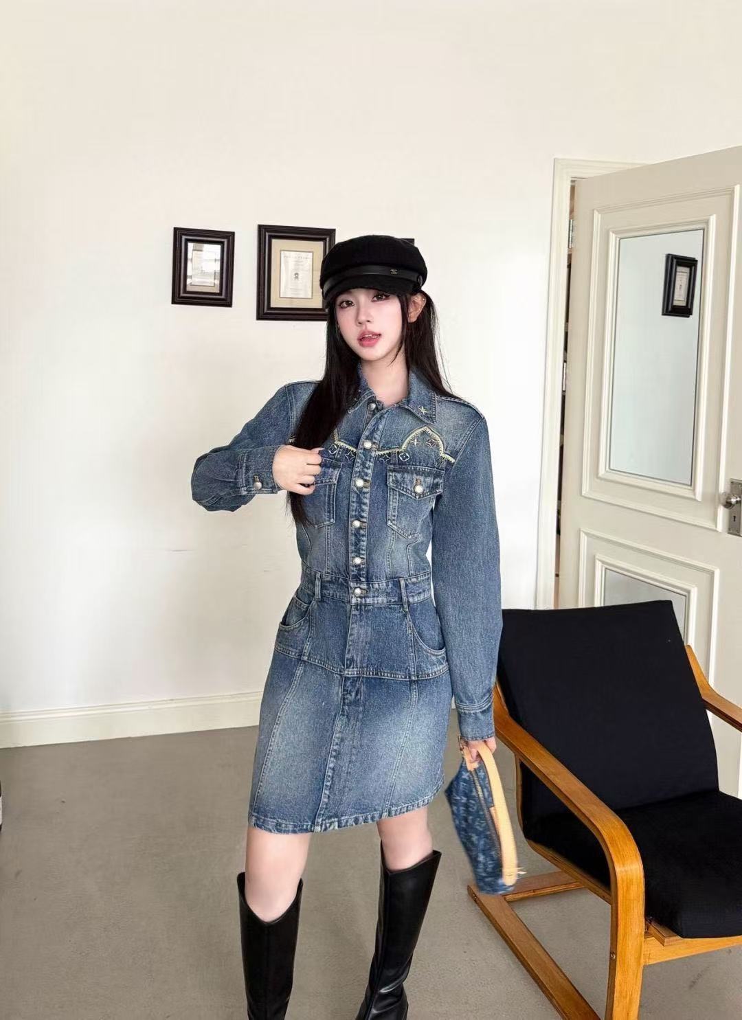 LV 花柄刺繍ポケット デニムワンピース【50％割引+送料無料】