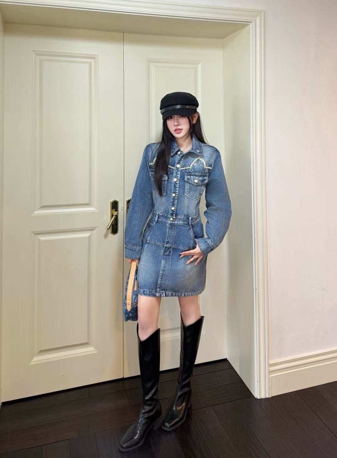 LV 花柄刺繍ポケット デニムワンピース【50％割引+送料無料】