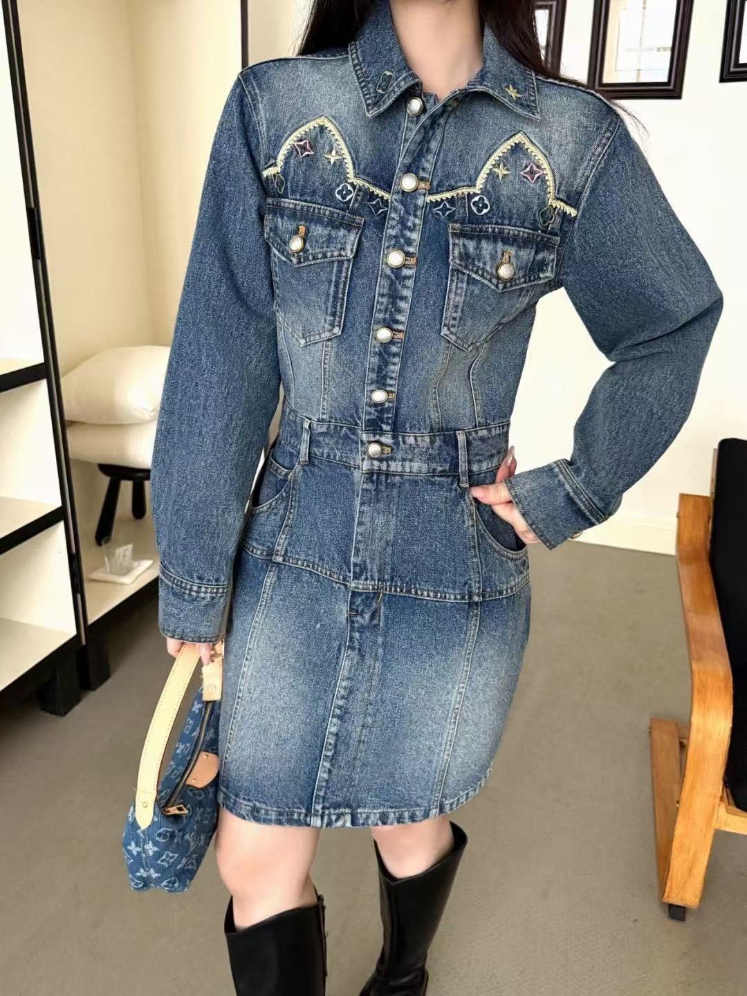 LV 花柄刺繍ポケット デニムワンピース【50％割引+送料無料】