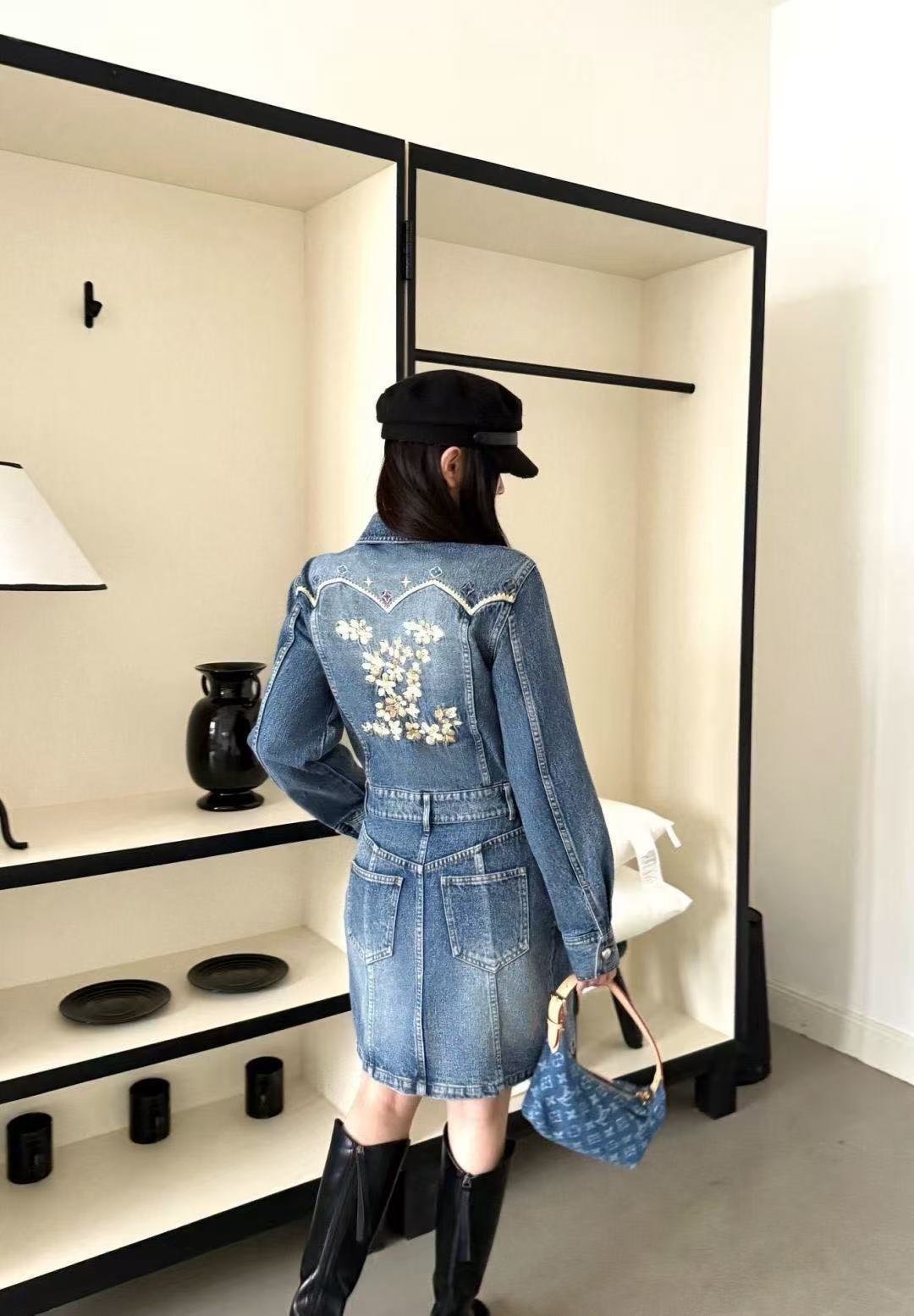 LV 花柄刺繍ポケット デニムワンピース【50％割引+送料無料】