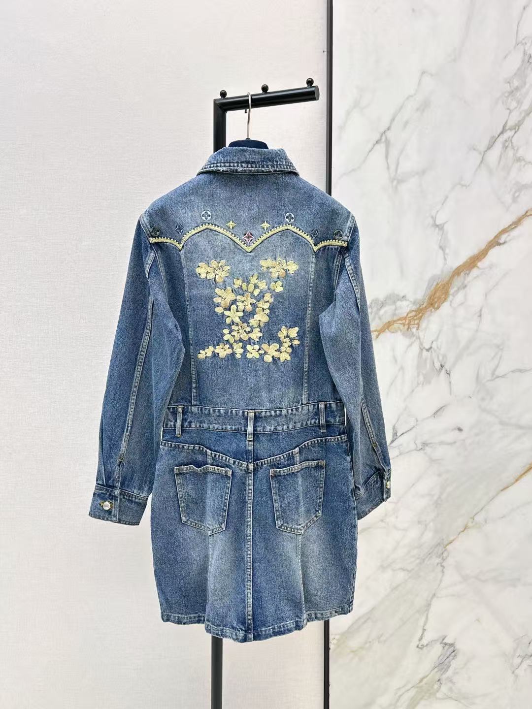 LV 花柄刺繍ポケット デニムワンピース【50％割引+送料無料】