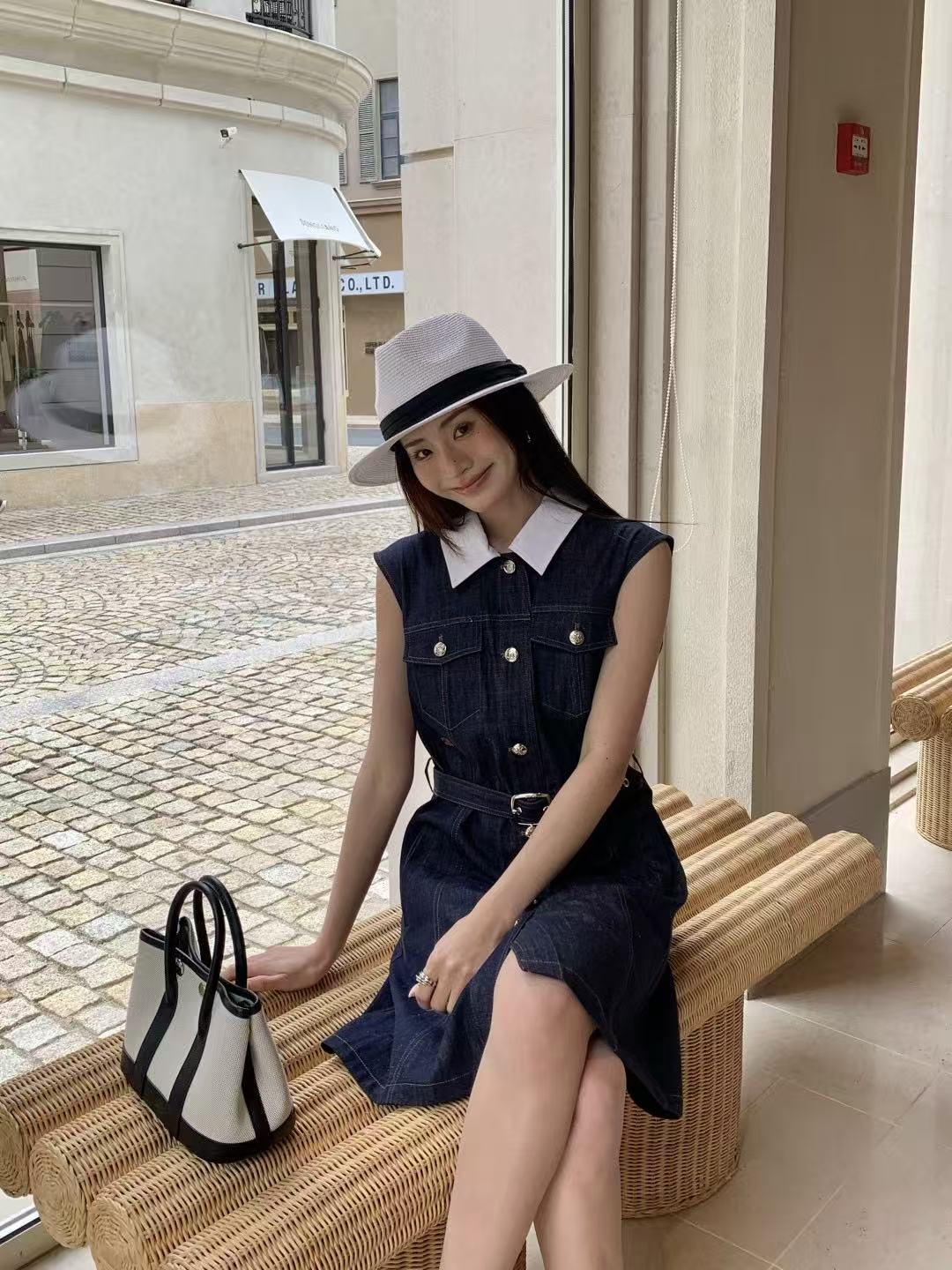 CEL1NE 襟付きボタンダウンデニムノースリーブドレス【50％割引+送料無料】