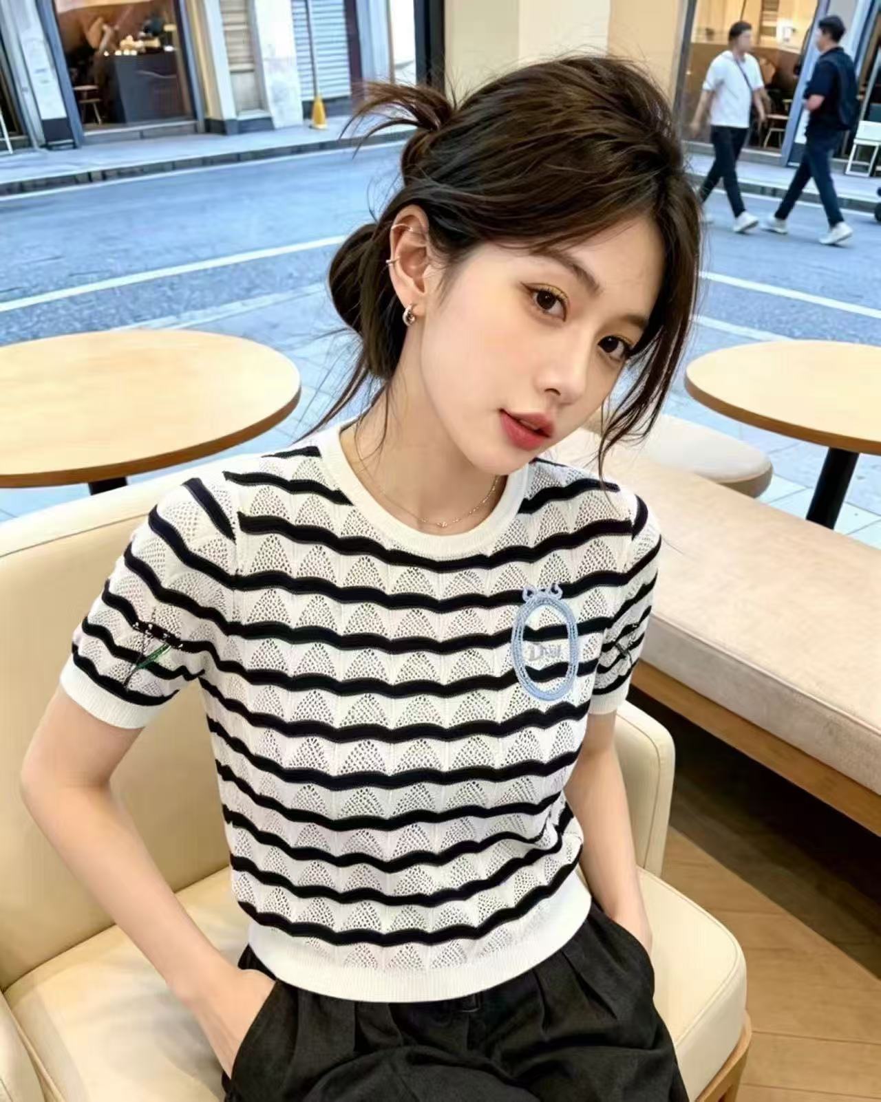 DI0R刺繍文字入りウールストライプTシャツ【50％割引+送料無料】