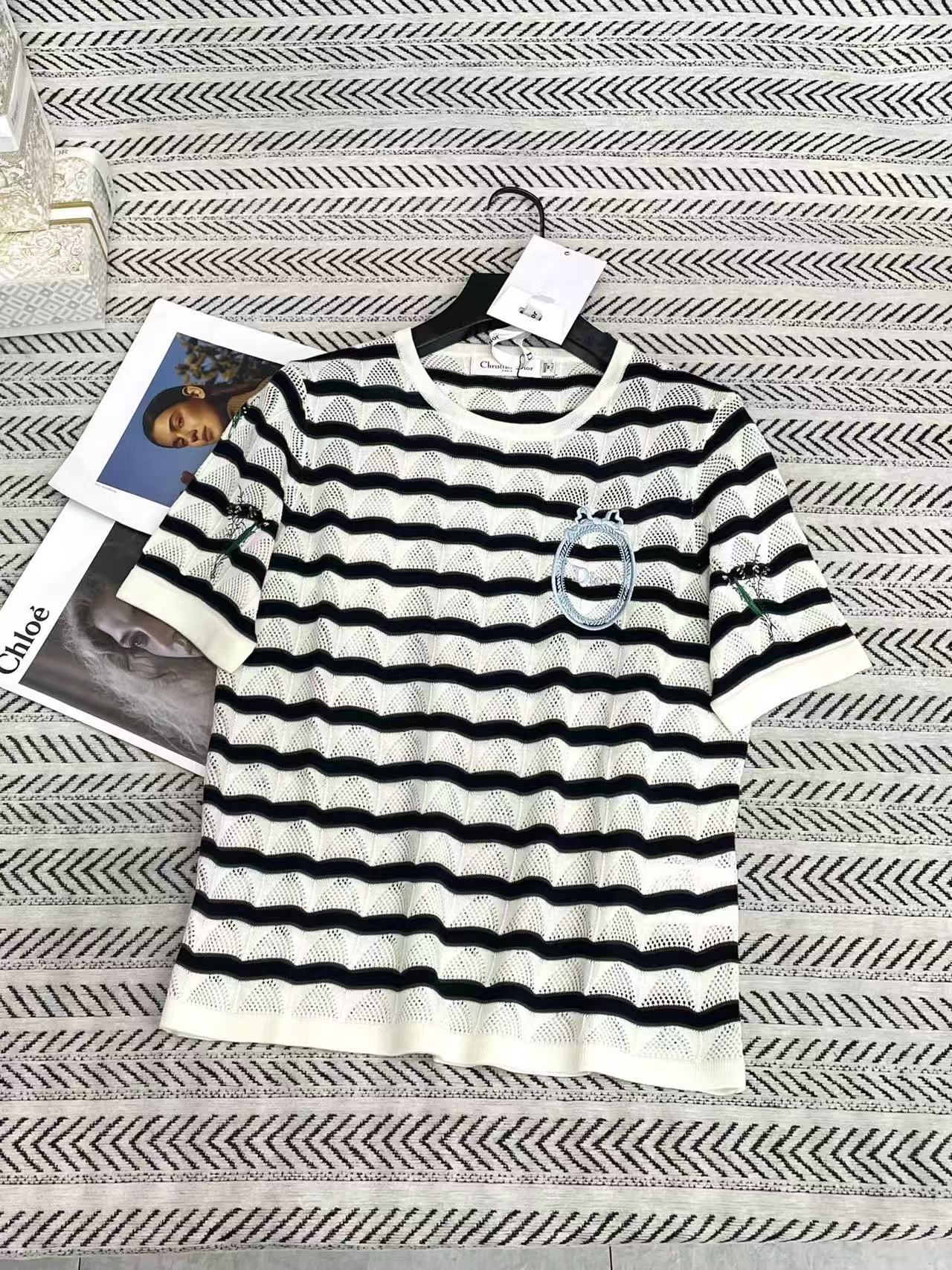 DI0R刺繍文字入りウールストライプTシャツ【50％割引+送料無料】