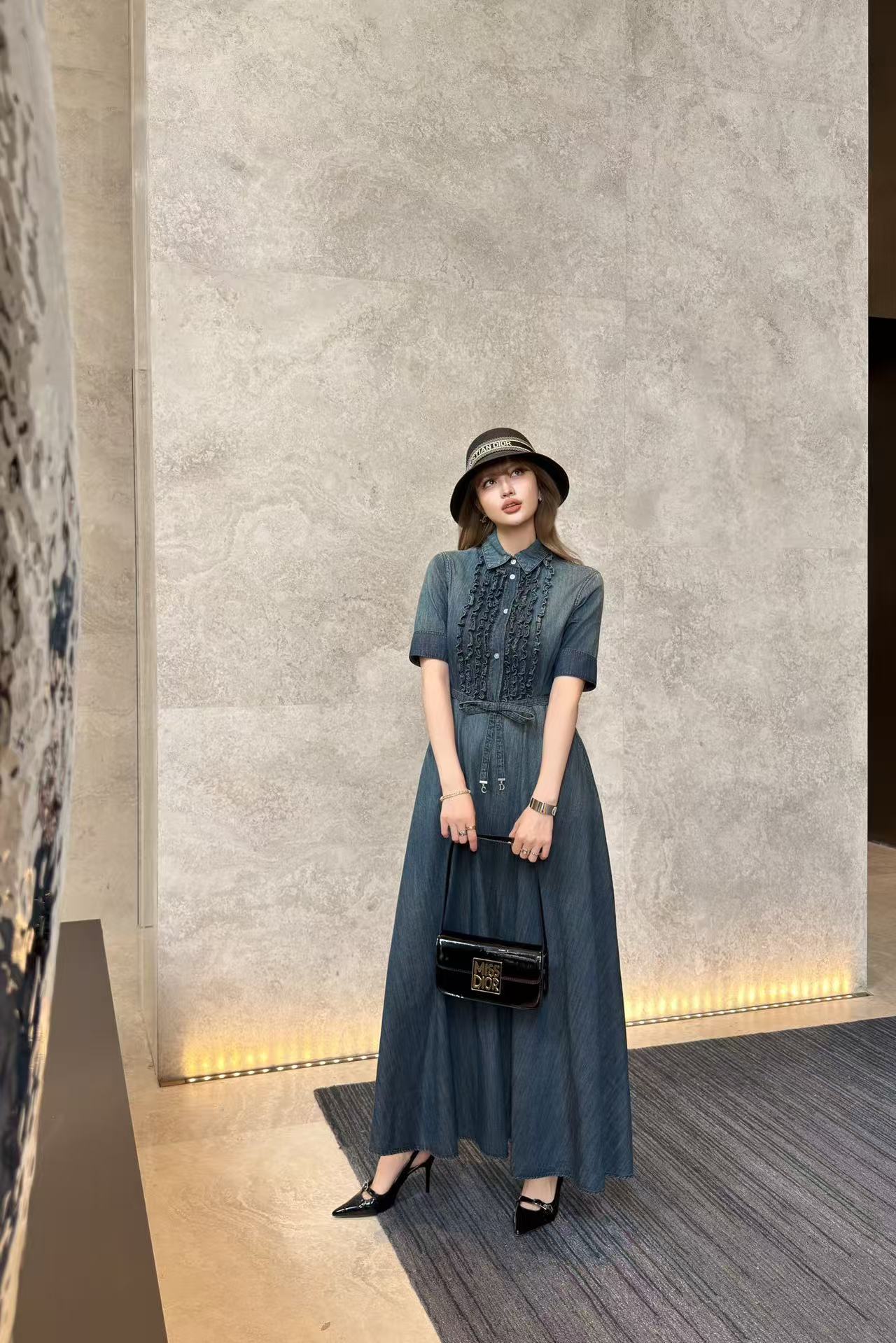 DI0R襟付きフリルデニムワンピース【50％割引+送料無料】