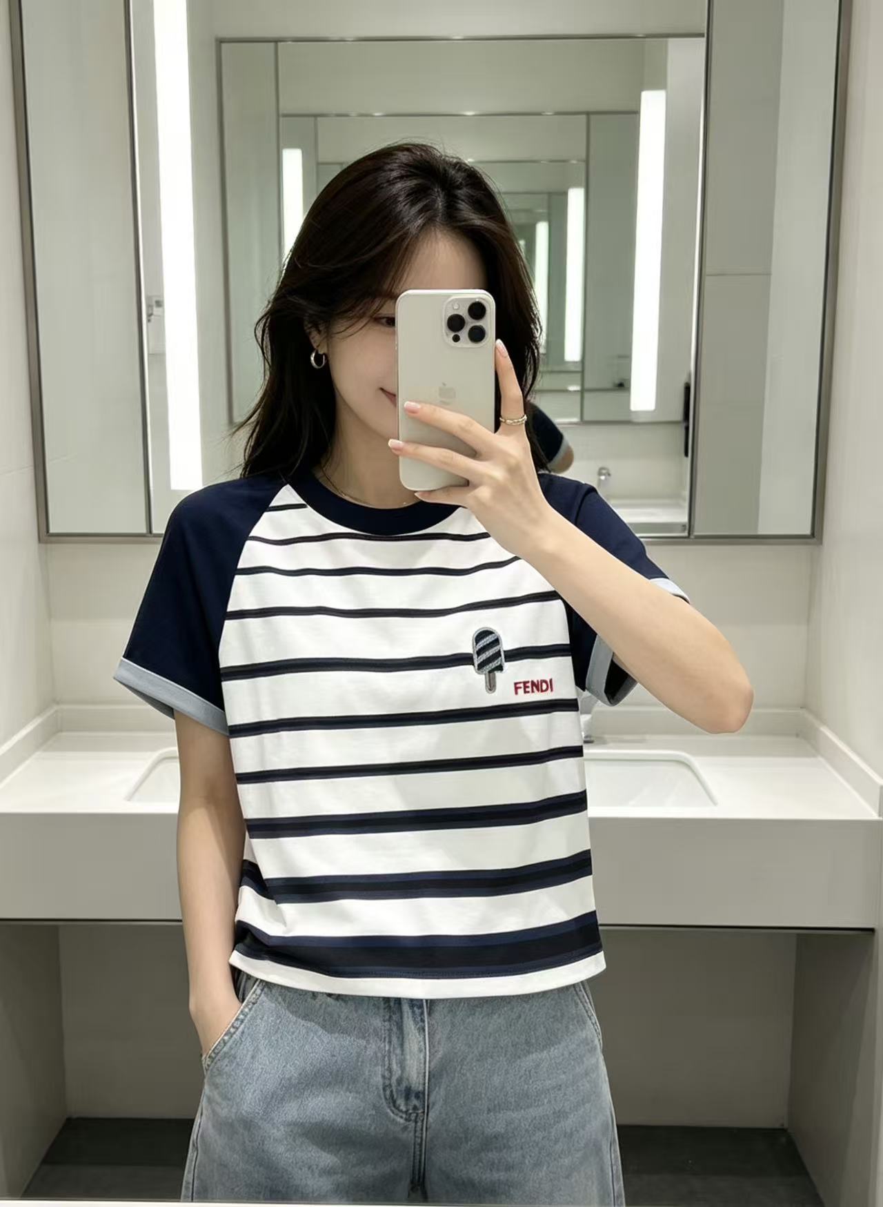 FEND1 ストライプカラーブロックアイスクリームレターTシャツ【50％割引+送料無料】