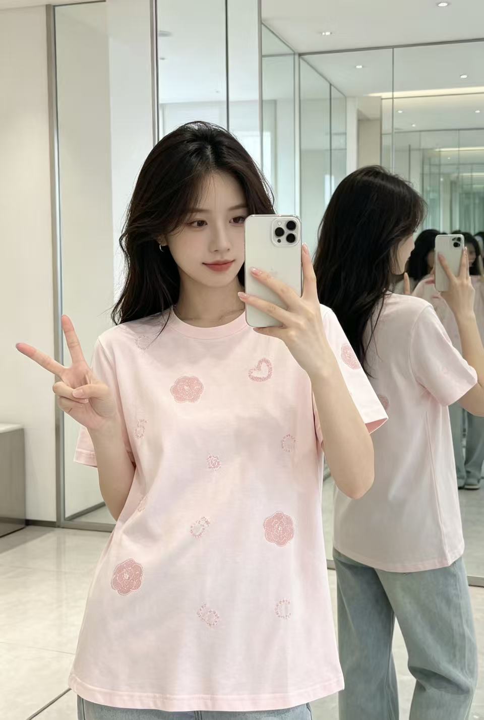 CHANE1 ビーズ付きカメリアTシャツ【50％割引+送料無料】