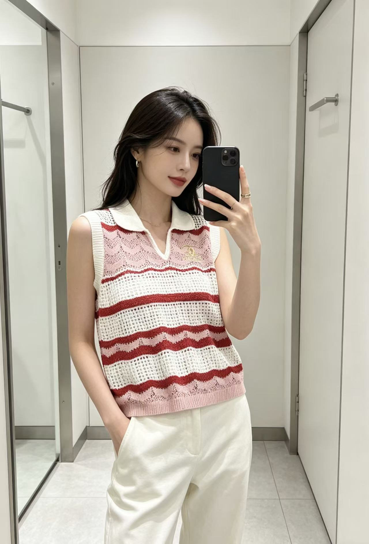 CHANE1 ストライプ刺繍入りゴールド糸ウールセーター【50％割引+送料無料】