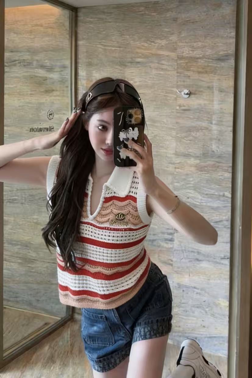 CHANE1 ストライプ刺繍入りゴールド糸ウールセーター【50％割引+送料無料】