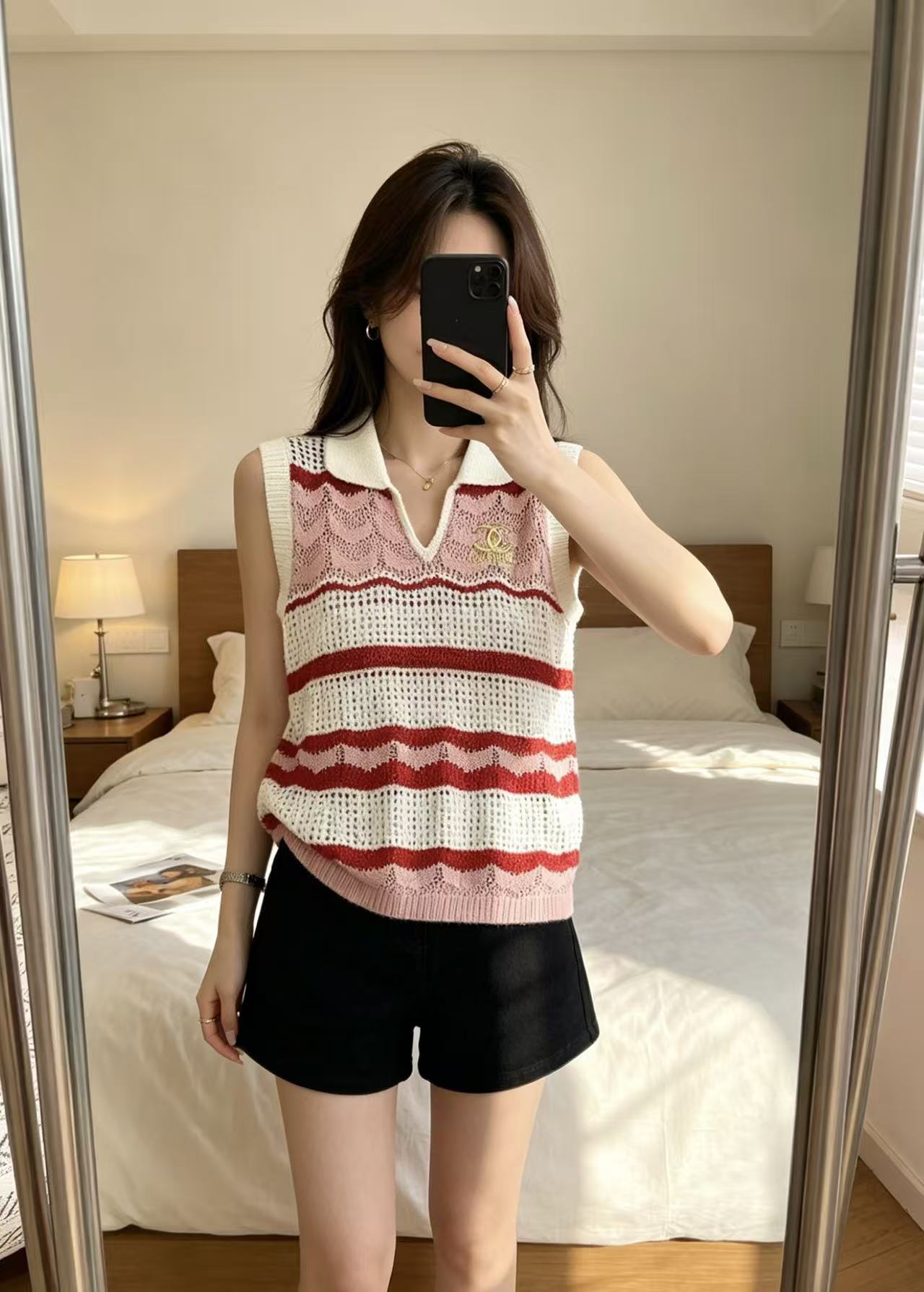 CHANE1 ストライプ刺繍入りゴールド糸ウールセーター【50％割引+送料無料】