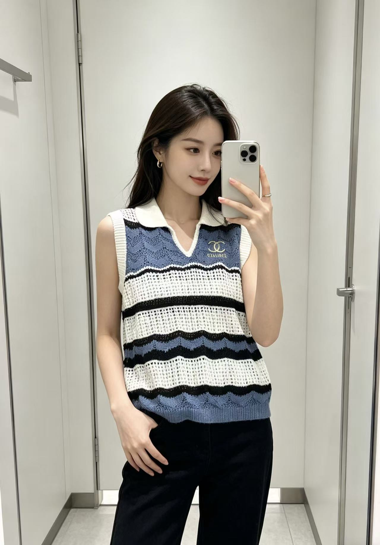 CHANE1 ストライプ刺繍入りゴールド糸ウールセーター【50％割引+送料無料】