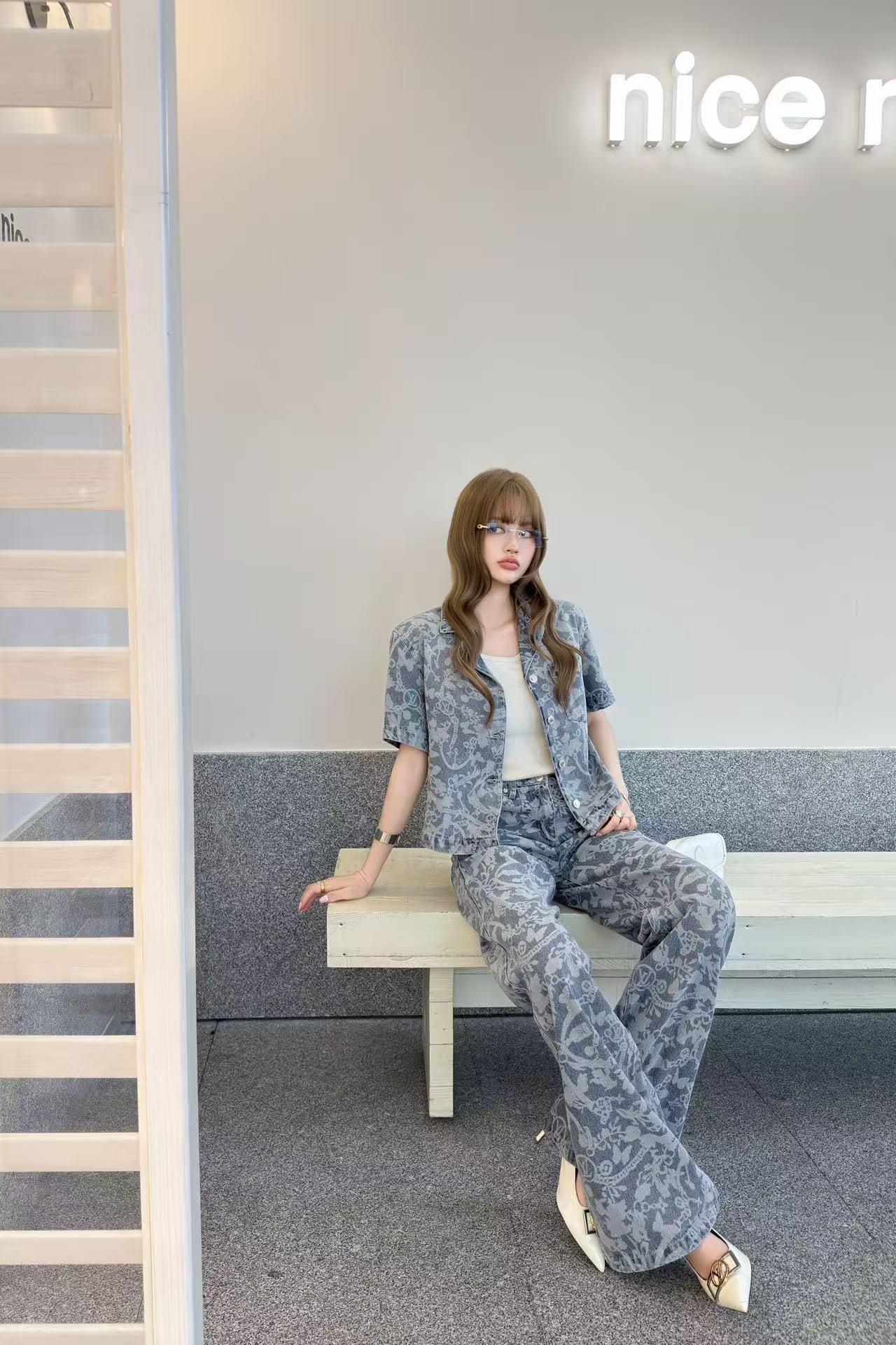 LVプリント デニムジャケット＆トラウザーズ 2ピースセット【50％割引+送料無料】